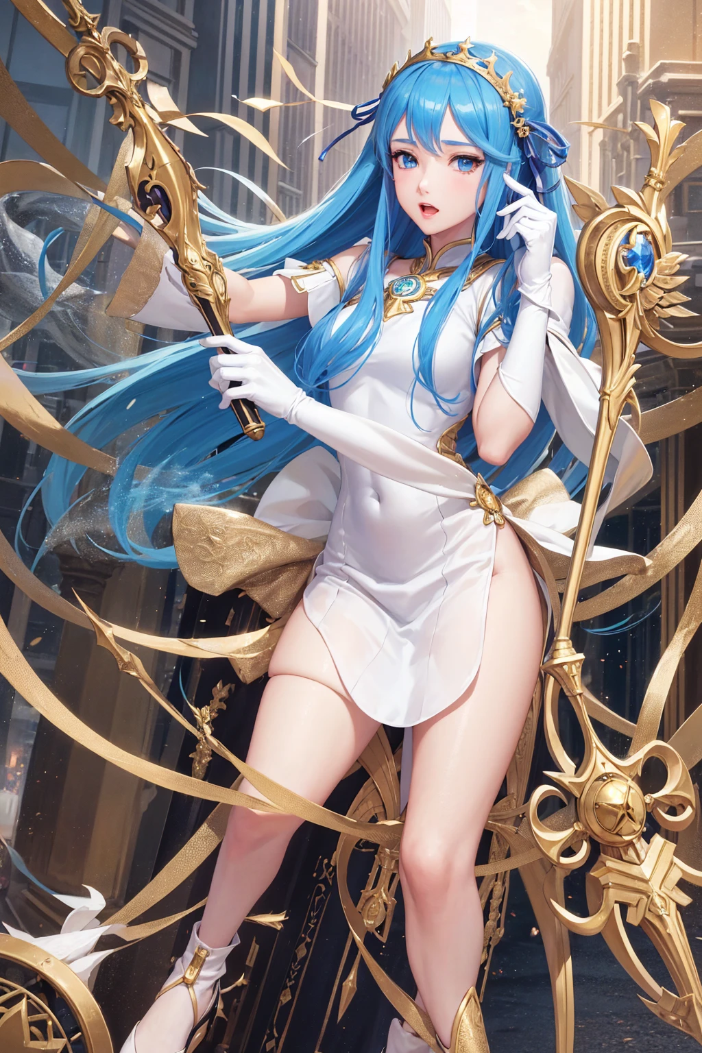 1girl, highres, masterpiece, solo, anime, absurdres, detailed face, perfect eyes, azura (fire emblem), upper body, full body, white dress, jewelry, white gloves, cityscape, holding, staff, singing