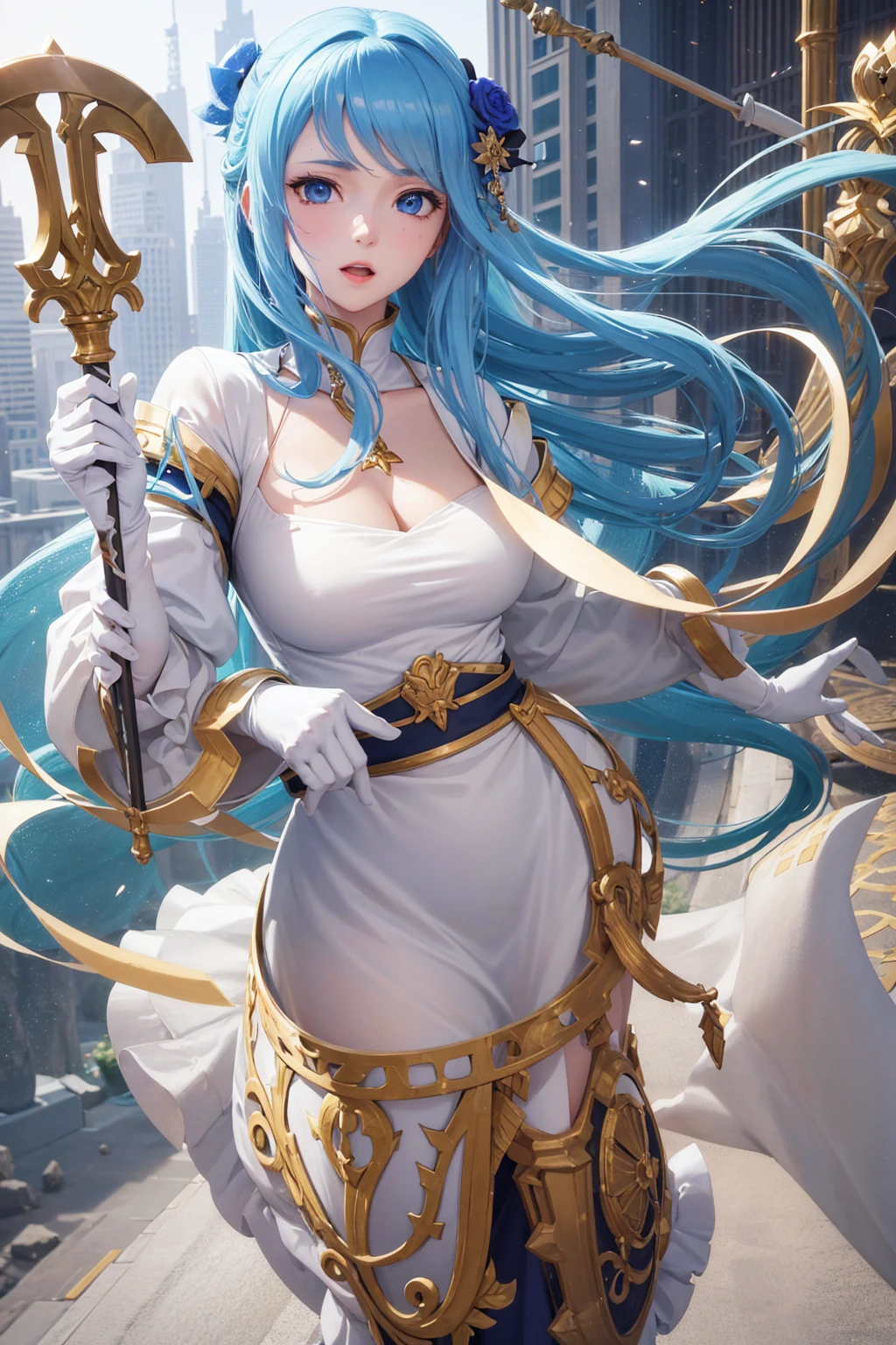 1girl, highres, masterpiece, solo, anime, absurdres, detailed face, perfect eyes, azura (fire emblem), upper body, full body, white dress, jewelry, white gloves, cityscape, holding, staff, singing