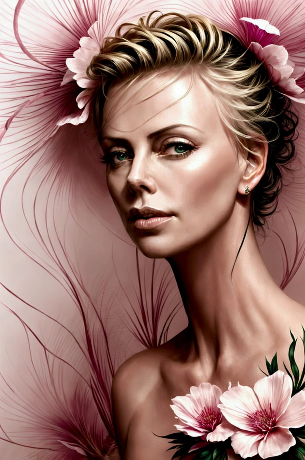 Charlize Theron in A botanical masterpiece in the style of Marco Mazzoni, detailed, hyper-realistic, front view, elemets of symbolism and surrealism, a painting by mse a attractive seductive Charlize Theron by agnes cecile, luminous design, pastel colours, ink drips, spring lights, intricate design, looking to the viewer intertwined, beautiful attractive seductive Charlize Theron, flowers, pastel, looking to the viewer, front view