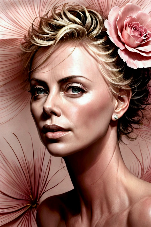 Charlize Theron in A botanical masterpiece in the style of Marco Mazzoni, detailed, hyper-realistic, front view, elemets of symbolism and surrealism, a painting by mse a attractive seductive Charlize Theron by agnes cecile, luminous design, pastel colours, ink drips, spring lights, intricate design, looking to the viewer intertwined, beautiful attractive seductive Charlize Theron, flowers, pastel, looking to the viewer, front view