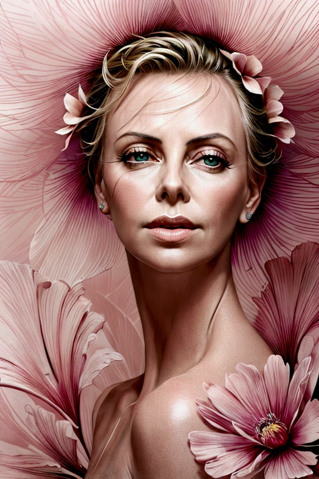 Charlize Theron in A botanical masterpiece in the style of Marco Mazzoni, detailed, hyper-realistic, front view, elemets of symbolism and surrealism, a painting by mse a attractive seductive Charlize Theron by agnes cecile, luminous design, pastel colours, ink drips, spring lights, intricate design, looking to the viewer intertwined, beautiful attractive seductive Charlize Theron, flowers, pastel, looking to the viewer, front view