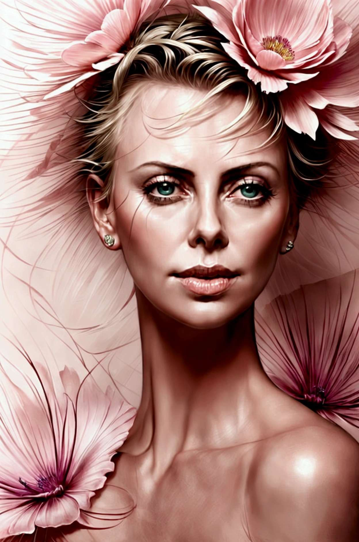 Charlize Theron in A botanical masterpiece in the style of Marco Mazzoni, detailed, hyper-realistic, front view, elemets of symbolism and surrealism, a painting by mse a attractive seductive Charlize Theron by agnes cecile, luminous design, pastel colours, ink drips, spring lights, intricate design, looking to the viewer intertwined, beautiful attractive seductive Charlize Theron, flowers, pastel, looking to the viewer, front view