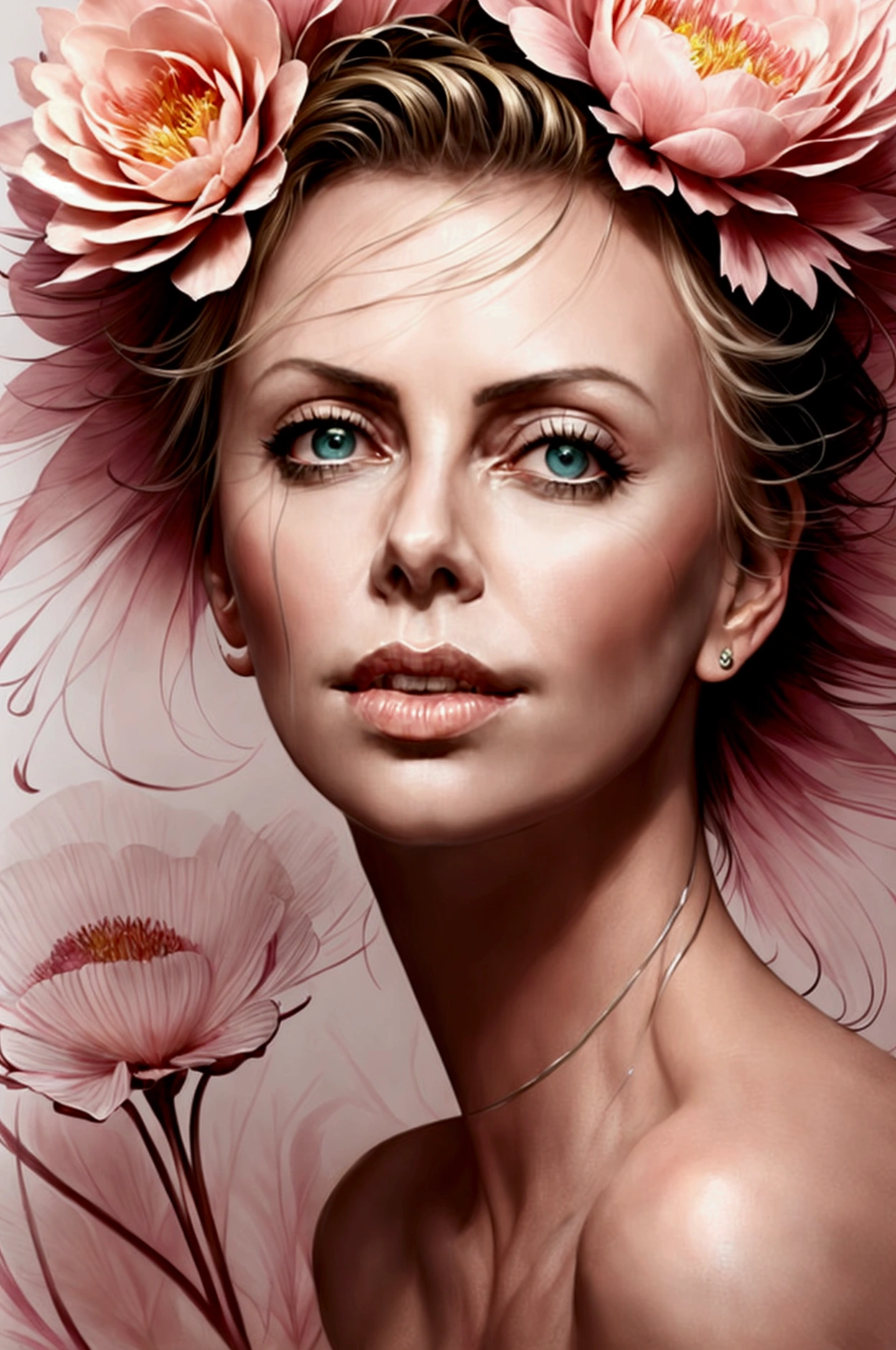 Charlize Theron in A botanical masterpiece in the style of Marco Mazzoni, detailed, hyper-realistic, front view, elemets of symbolism and surrealism, a painting by mse a attractive seductive Charlize Theron by agnes cecile, luminous design, pastel colours, ink drips, spring lights, intricate design, looking to the viewer intertwined, beautiful attractive seductive Charlize Theron, flowers, pastel, looking to the viewer, front view