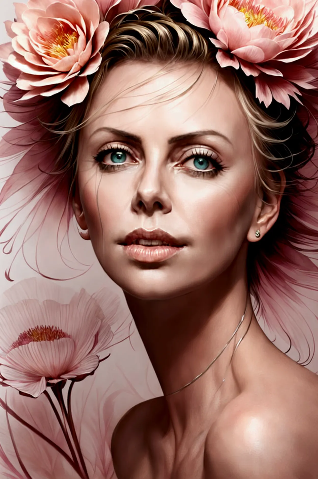 charlize theron in a botanical masterpiece in the style of marco mazzoni, detailed, hyper-realistic, front view, elemets of symb...