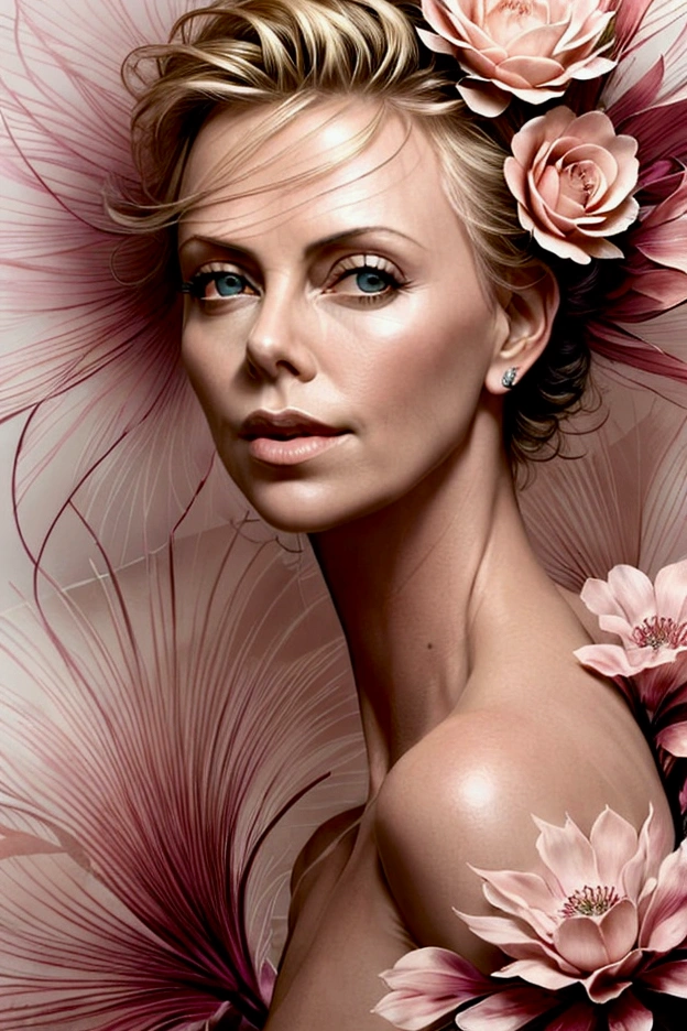 Charlize Theron in A botanical masterpiece in the style of Marco Mazzoni, detailed, hyper-realistic, front view, elemets of symbolism and surrealism, a painting by mse a attractive seductive Charlize Theron by agnes cecile, luminous design, pastel colours, ink drips, spring lights, intricate design, looking to the viewer intertwined, beautiful attractive seductive Charlize Theron, flowers, pastel, looking to the viewer, front view