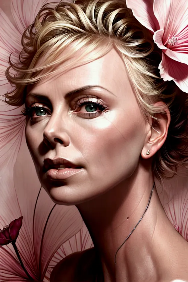 charlize theron in a botanical masterpiece in the style of marco mazzoni, detailed, hyper-realistic, front view, elemets of symb...