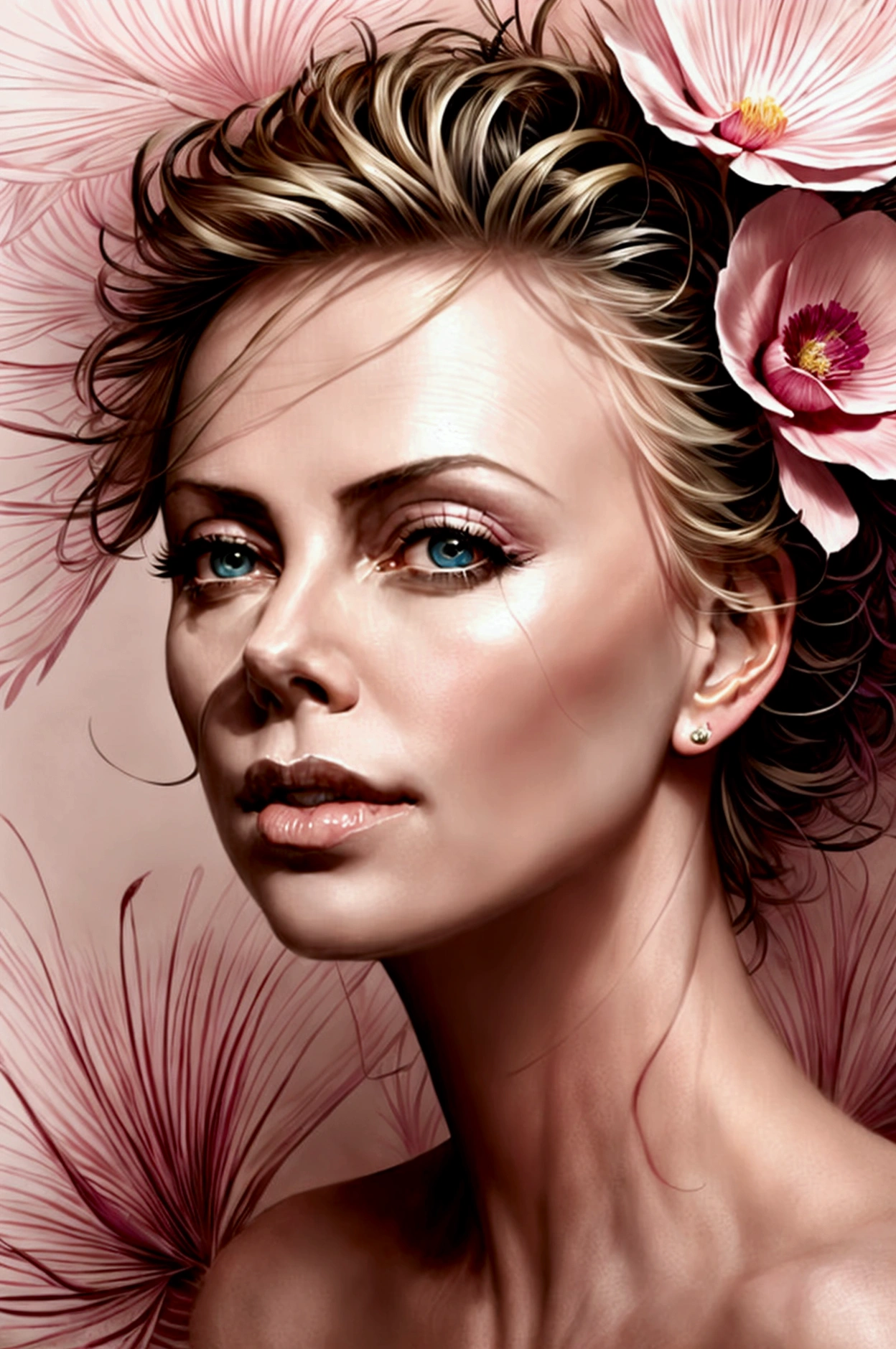 Charlize Theron in A botanical masterpiece in the style of Marco Mazzoni, detailed, hyper-realistic, front view, elemets of symbolism and surrealism, a painting by mse a attractive seductive Charlize Theron by agnes cecile, luminous design, pastel colours, ink drips, spring lights, intricate design, looking to the viewer intertwined, beautiful attractive seductive Charlize Theron, flowers, pastel, looking to the viewer, front view