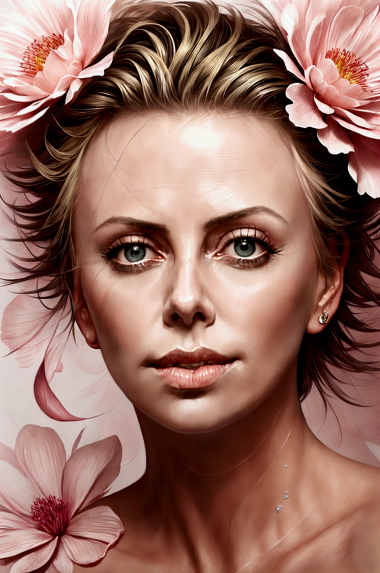 Charlize Theron in A botanical masterpiece in the style of Marco Mazzoni, detailed, hyper-realistic, front view, elemets of symbolism and surrealism, a painting by mse a attractive seductive Charlize Theron by agnes cecile, luminous design, pastel colours, ink drips, spring lights, intricate design, looking to the viewer intertwined, beautiful attractive seductive Charlize Theron, flowers, pastel, looking to the viewer, front view