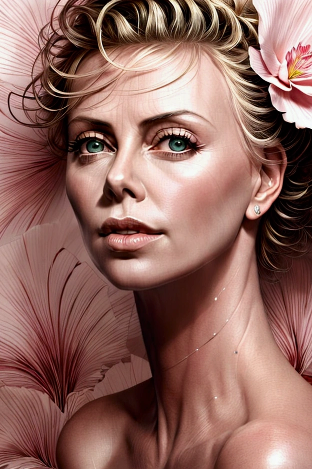 Charlize Theron in A botanical masterpiece in the style of Marco Mazzoni, detailed, hyper-realistic, front view, elemets of symbolism and surrealism, a painting by mse a attractive seductive Charlize Theron by agnes cecile, luminous design, pastel colours, ink drips, spring lights, intricate design, looking to the viewer intertwined, beautiful attractive seductive Charlize Theron, flowers, pastel, looking to the viewer, front view