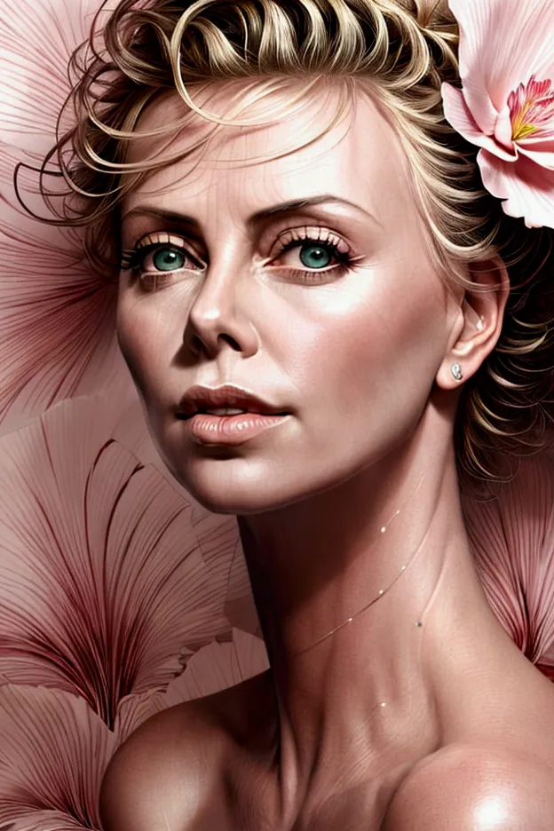 charlize theron in a botanical masterpiece in the style of marco mazzoni, detailed, hyper-realistic, front view, elemets of symb...