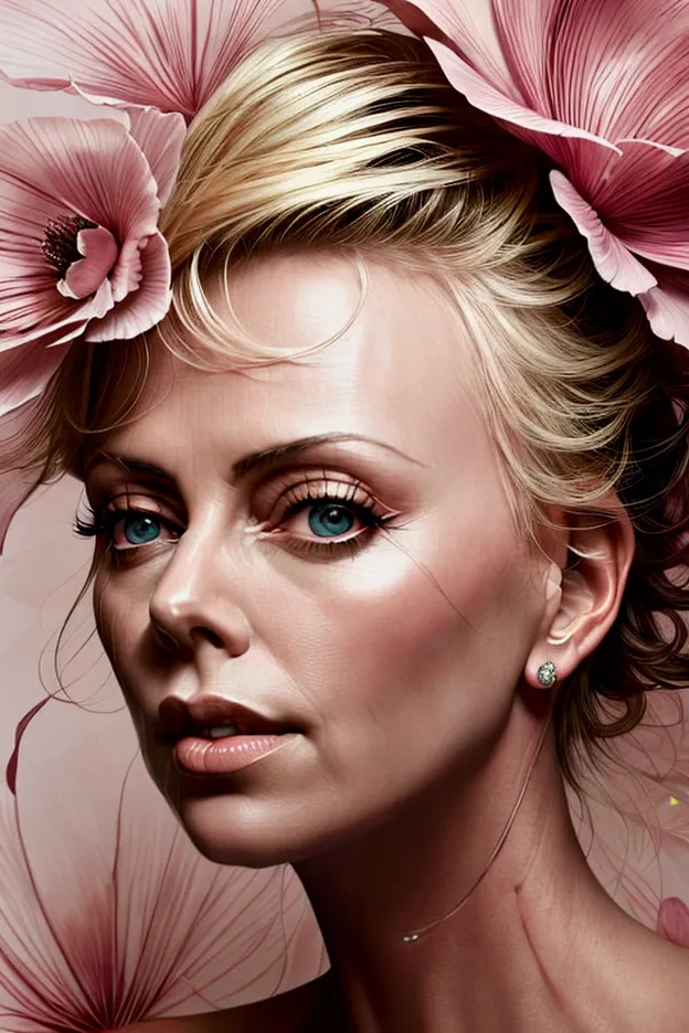 charlize theron in a botanical masterpiece in the style of marco mazzoni, detailed, hyper-realistic, front view, elemets of symb...