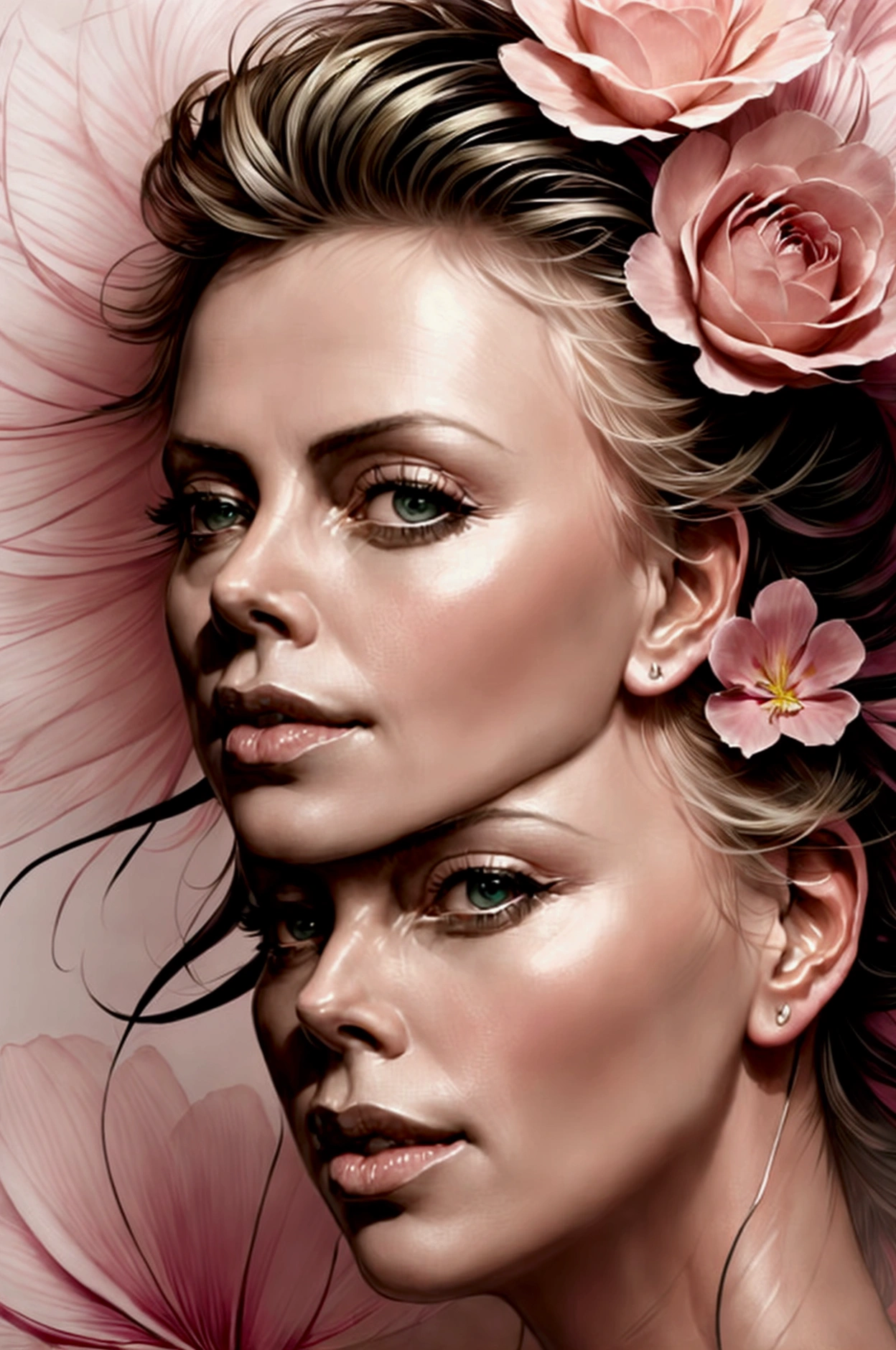 Charlize Theron in A botanical masterpiece in the style of Marco Mazzoni, detailed, hyper-realistic, front view, elemets of symbolism and surrealism, a painting by mse a attractive seductive Charlize Theron by agnes cecile, luminous design, pastel colours, ink drips, spring lights, intricate design, looking to the viewer intertwined, beautiful attractive seductive Charlize Theron, flowers, pastel, looking to the viewer, front view