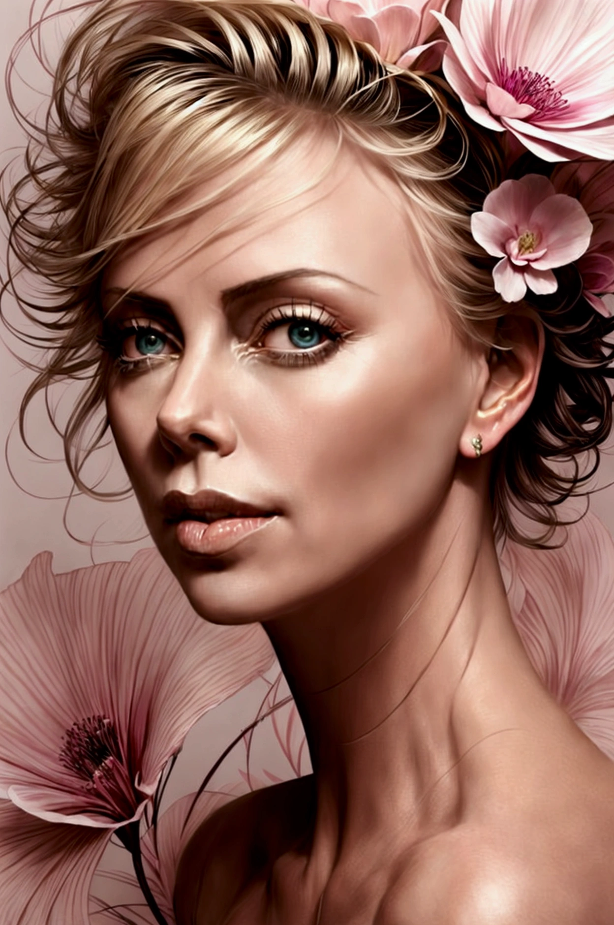 Charlize Theron in A botanical masterpiece in the style of Marco Mazzoni, detailed, hyper-realistic, front view, elemets of symbolism and surrealism, a painting by mse a attractive seductive Charlize Theron by agnes cecile, luminous design, pastel colours, ink drips, spring lights, intricate design, looking to the viewer intertwined, beautiful attractive seductive Charlize Theron, flowers, pastel, looking to the viewer, front view