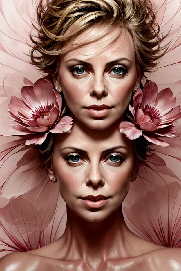 charlize theron in a botanical masterpiece in the style of marco mazzoni, detailed, hyper-realistic, front view, elemets of symb...