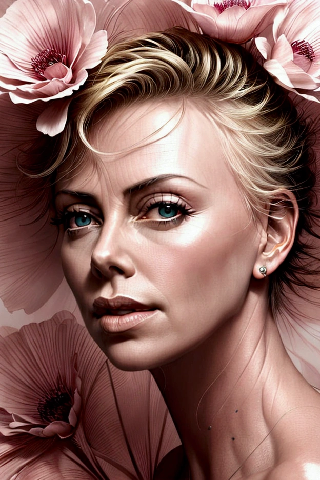 Charlize Theron in A botanical masterpiece in the style of Marco Mazzoni, detailed, hyper-realistic, front view, elemets of symbolism and surrealism, a painting by mse a attractive seductive Charlize Theron by agnes cecile, luminous design, pastel colours, ink drips, spring lights, intricate design, looking to the viewer intertwined, beautiful attractive seductive Charlize Theron, flowers, pastel, looking to the viewer, front view