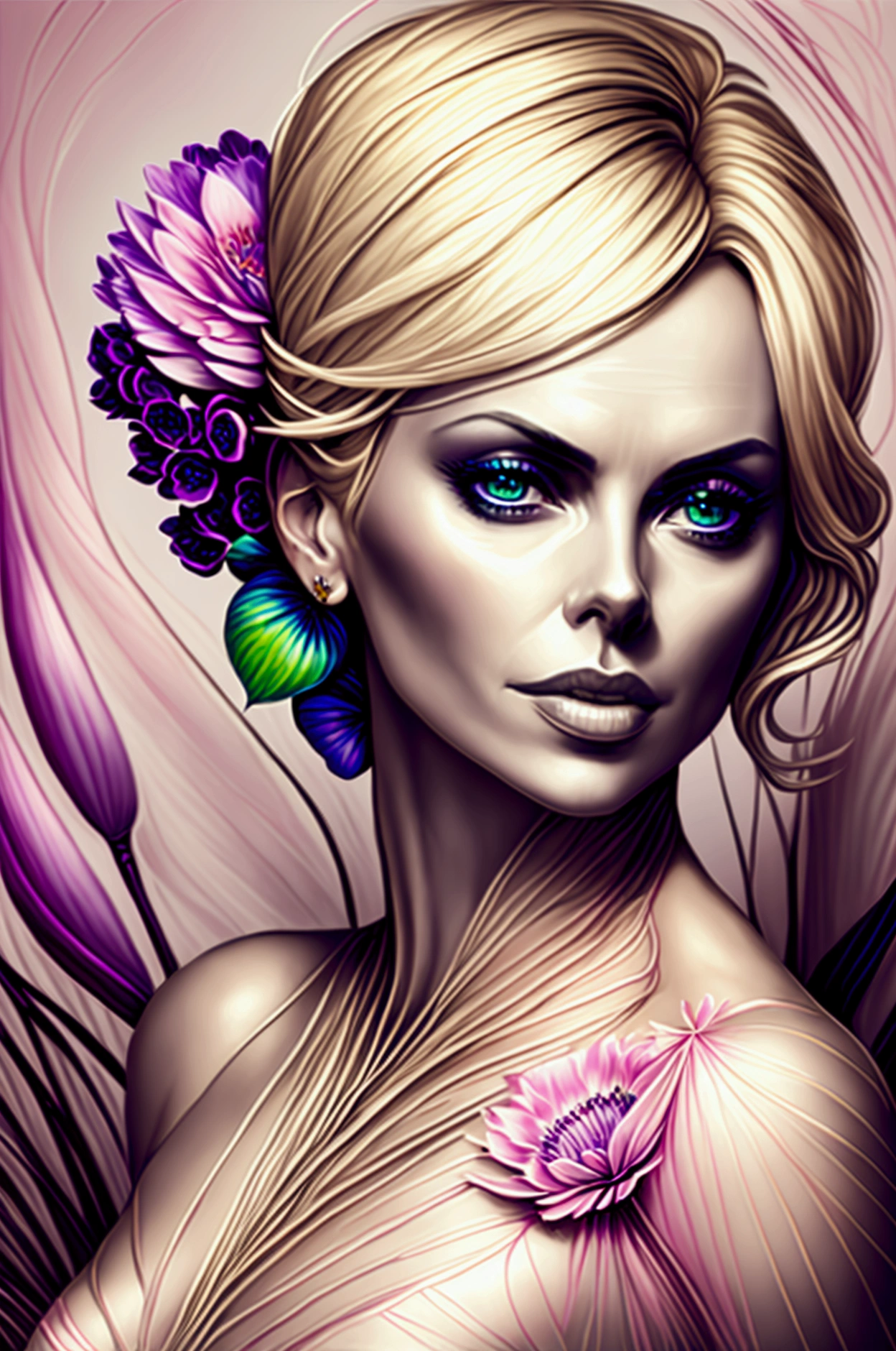 Charlize Theron in A botanical masterpiece in the style of Marco Mazzoni, detailed, hyper-realistic, front view, elemets of symbolism and surrealism, a painting by mse a attractive seductive Charlize Theron by agnes cecile, luminous design, pastel colours, ink drips, spring lights, intricate design, looking to the viewer intertwined, beautiful attractive seductive Charlize Theron, flowers, pastel, looking to the viewer, front view