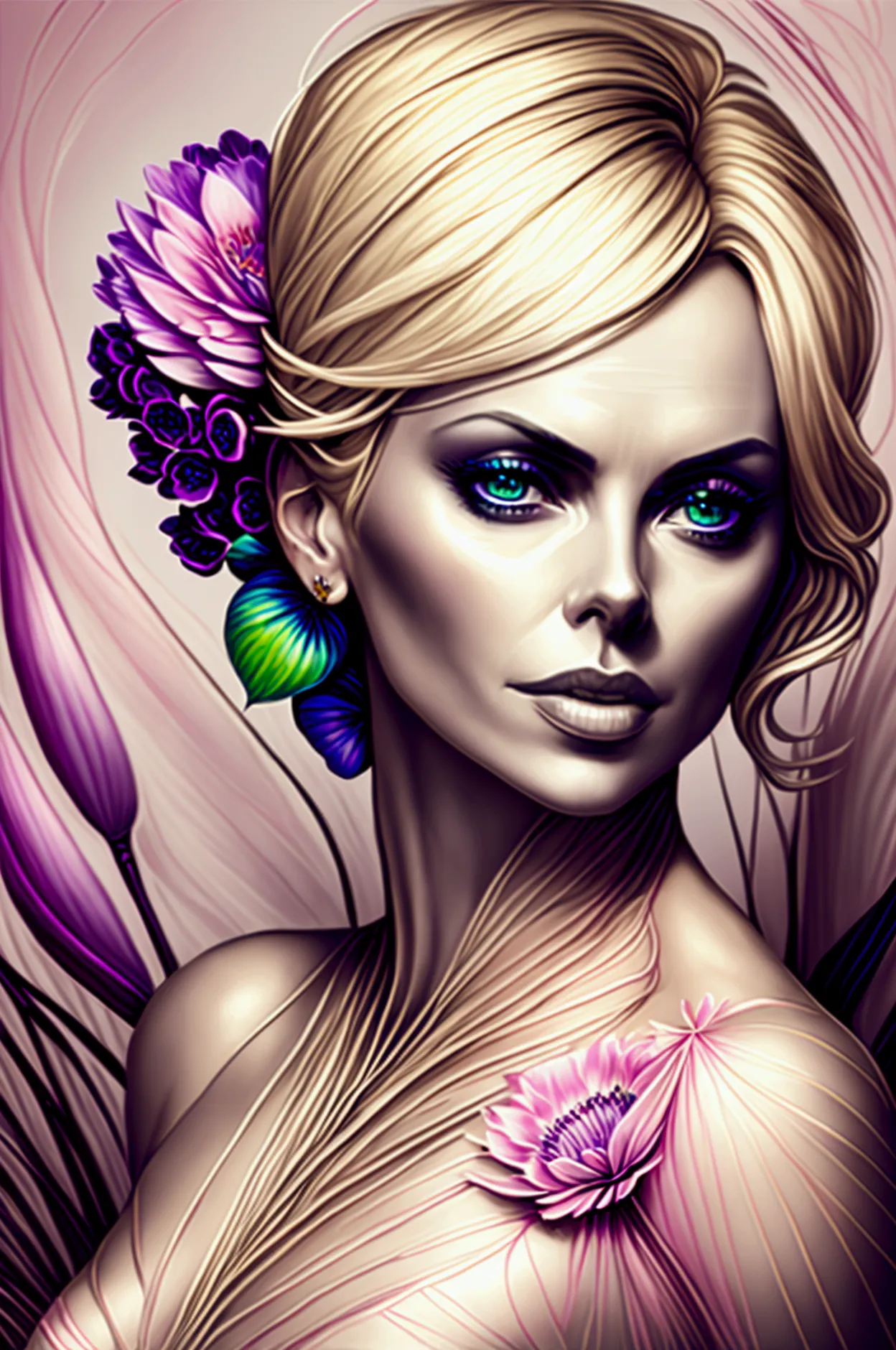 charlize theron in a botanical masterpiece in the style of marco mazzoni, detailed, hyper-realistic, front view, elemets of symb...