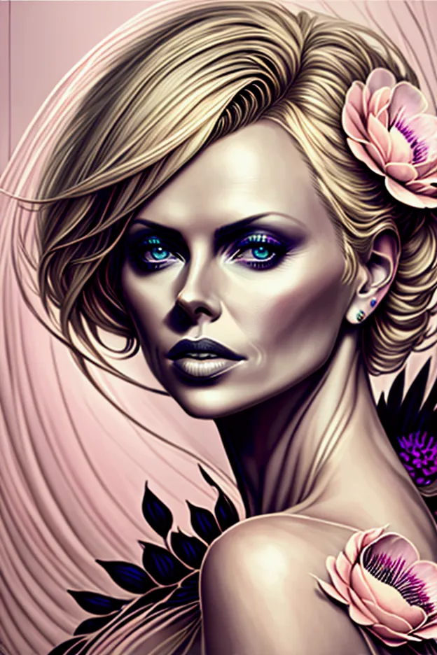 charlize theron in a botanical masterpiece in the style of marco mazzoni, detailed, hyper-realistic, front view, elemets of symb...