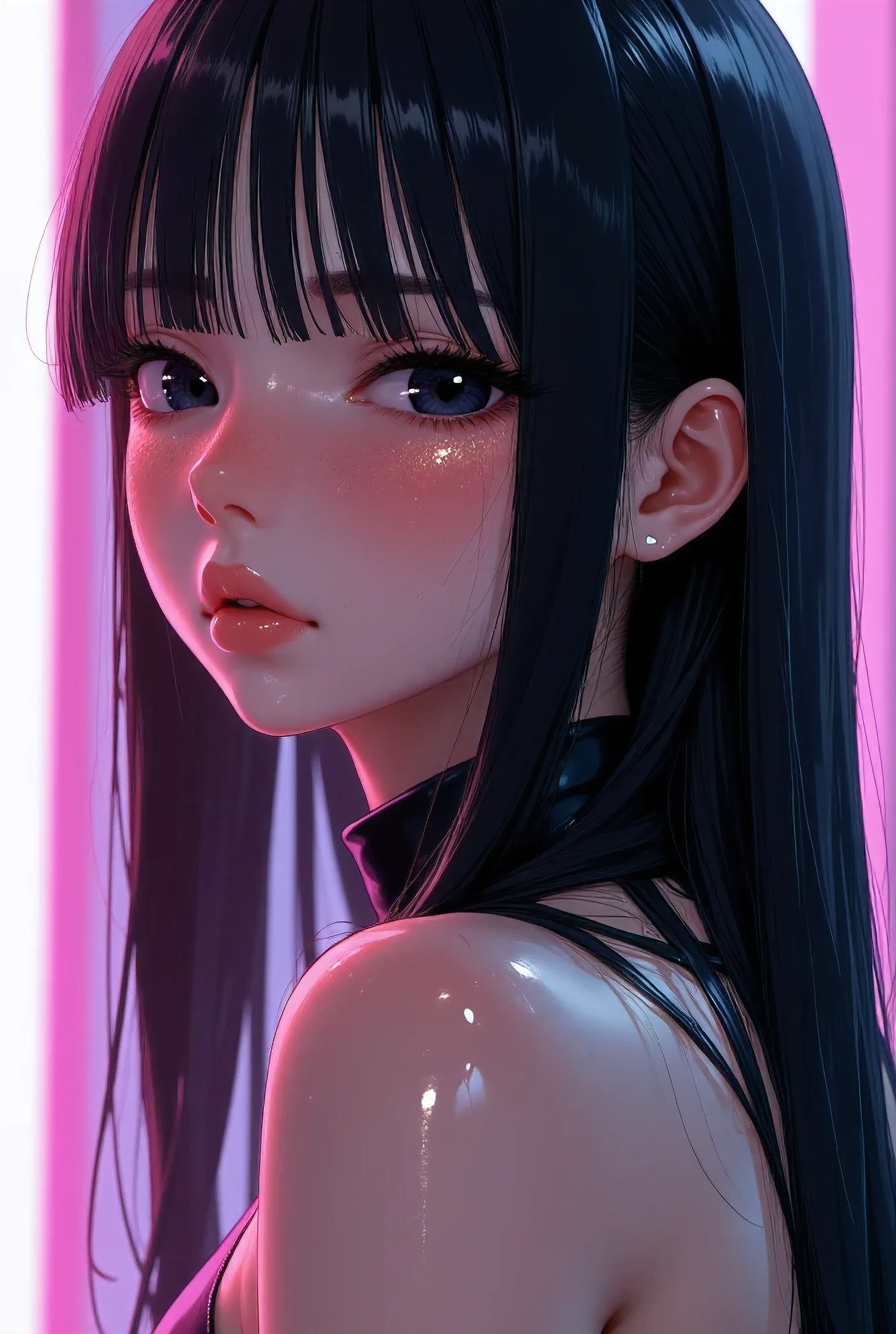 asian high school girl with big black eyes, ulzzang, portrait, (anime), manga, (3D), sexy, Latex, 8ｋ,Highest quality,masterpiece, Sharp focus, tight round ass, from behind, standing, thigh highs, slender legs, young japanese girl, cleavage, ((((80’s glam rock makeup on shiny android face)))), anime, 2.5D, Glittery face, moody lighting, (((purples, pinks, and blues))), ((iridescent face)), abstract ai model, pretty, sexy, minimal, sleek, slender, asian, elegant, chic, futuristic,
