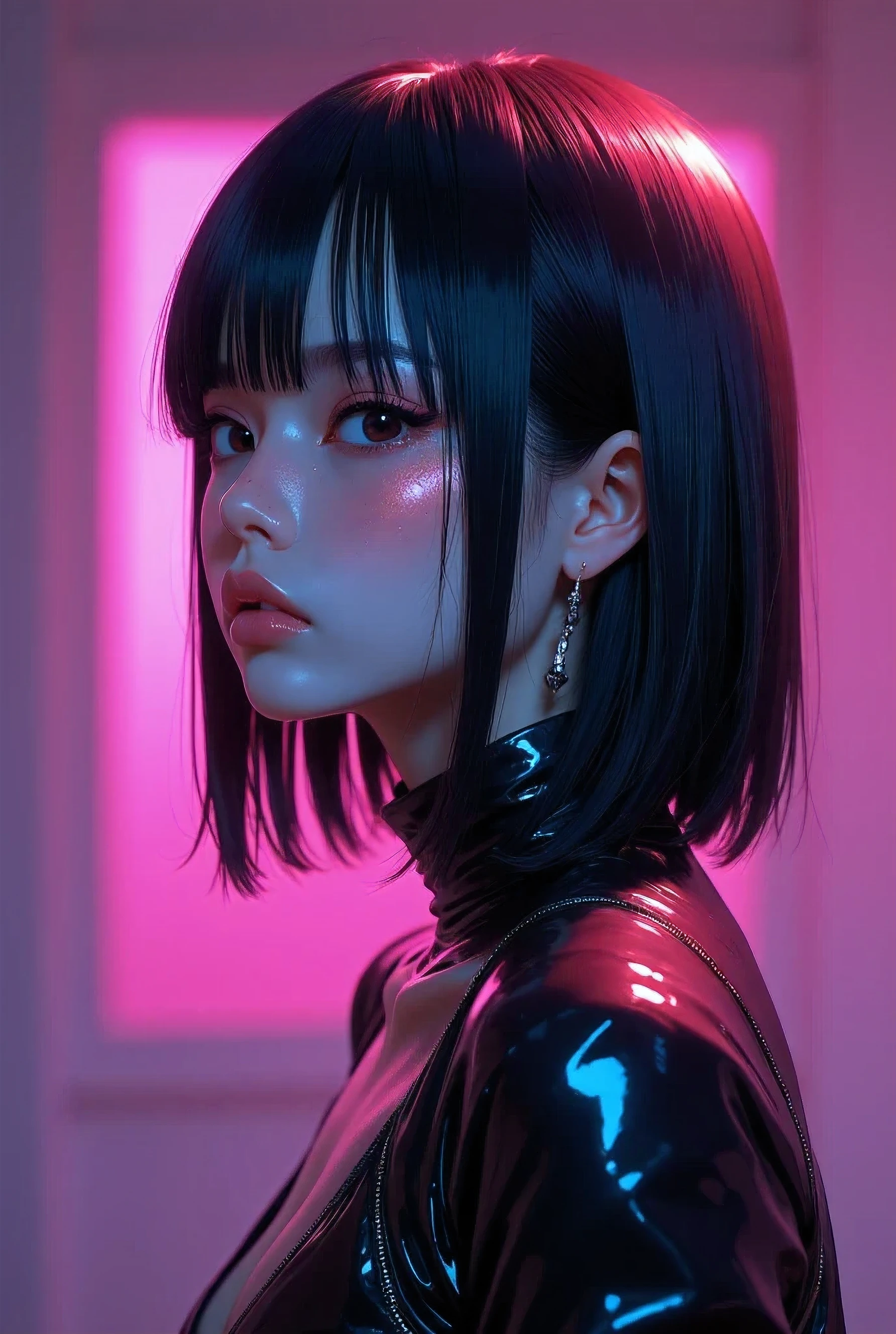 asian high school girl with big black eyes, ulzzang, portrait, (anime), manga, (3D), sexy, Latex, 8ｋ,Highest quality,masterpiece, Sharp focus, tight round ass, from behind, standing, thigh highs, slender legs, young japanese girl, cleavage, ((((80’s glam rock makeup on shiny android face)))), anime, 2.5D, Glittery face, moody lighting, (((purples, pinks, and blues))), ((iridescent face)), abstract ai model, pretty, sexy, minimal, sleek, slender, asian, elegant, chic, futuristic,
