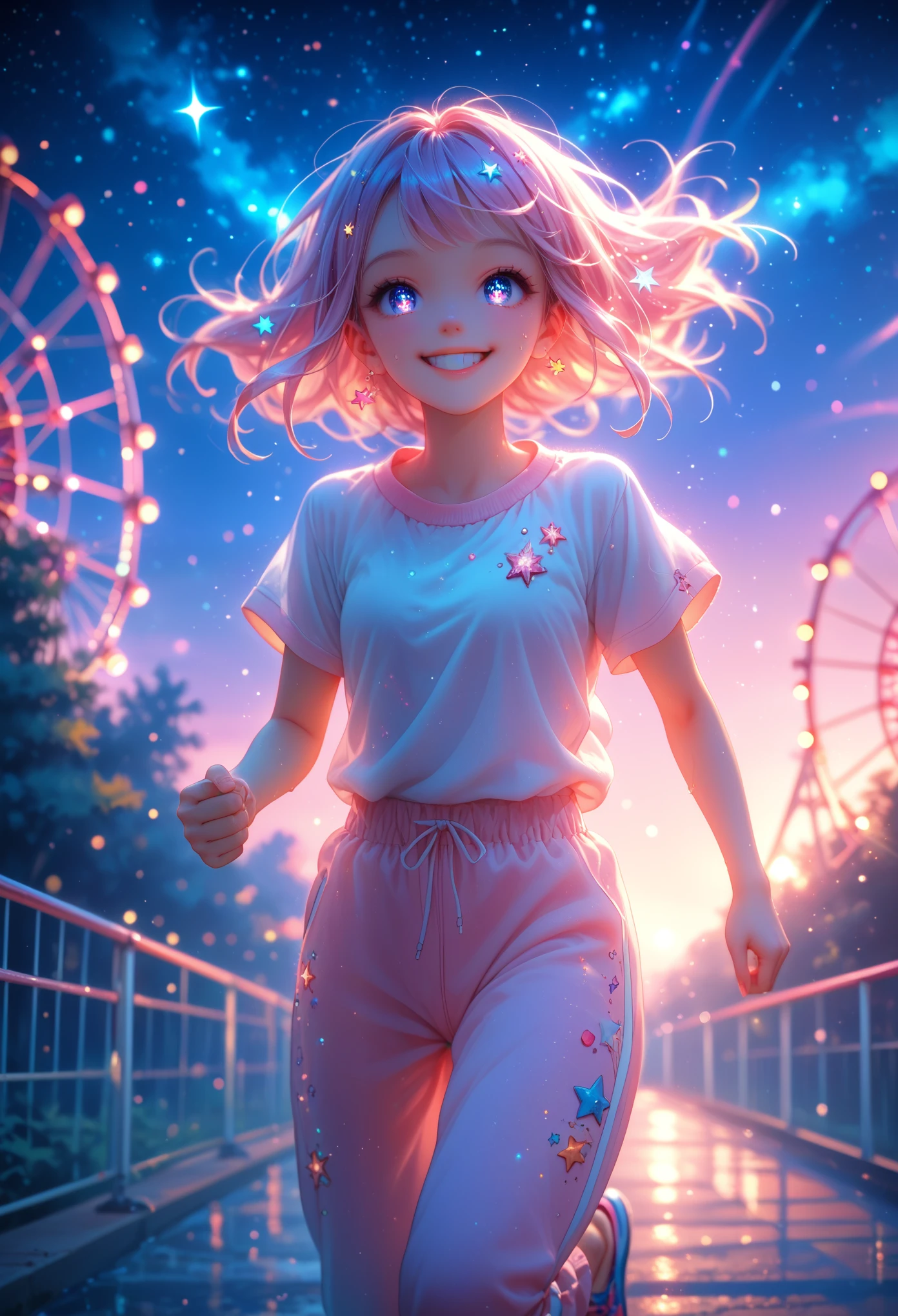 score_9, score_8_up, score_7_up, anime, young woman, Bright Eyes,  Sexy Figure ,  Clothing White Tunic , sweatpants, Jogging , smile, bright colors,  Amusement Park Background , attractions, Ferris wheel, detailing, masterpiece, SOFT COLORS, complex textures, Shine,  Quality Image Maximum , 8 k,  Lights Twinkle Like Bright Stars in the Night,