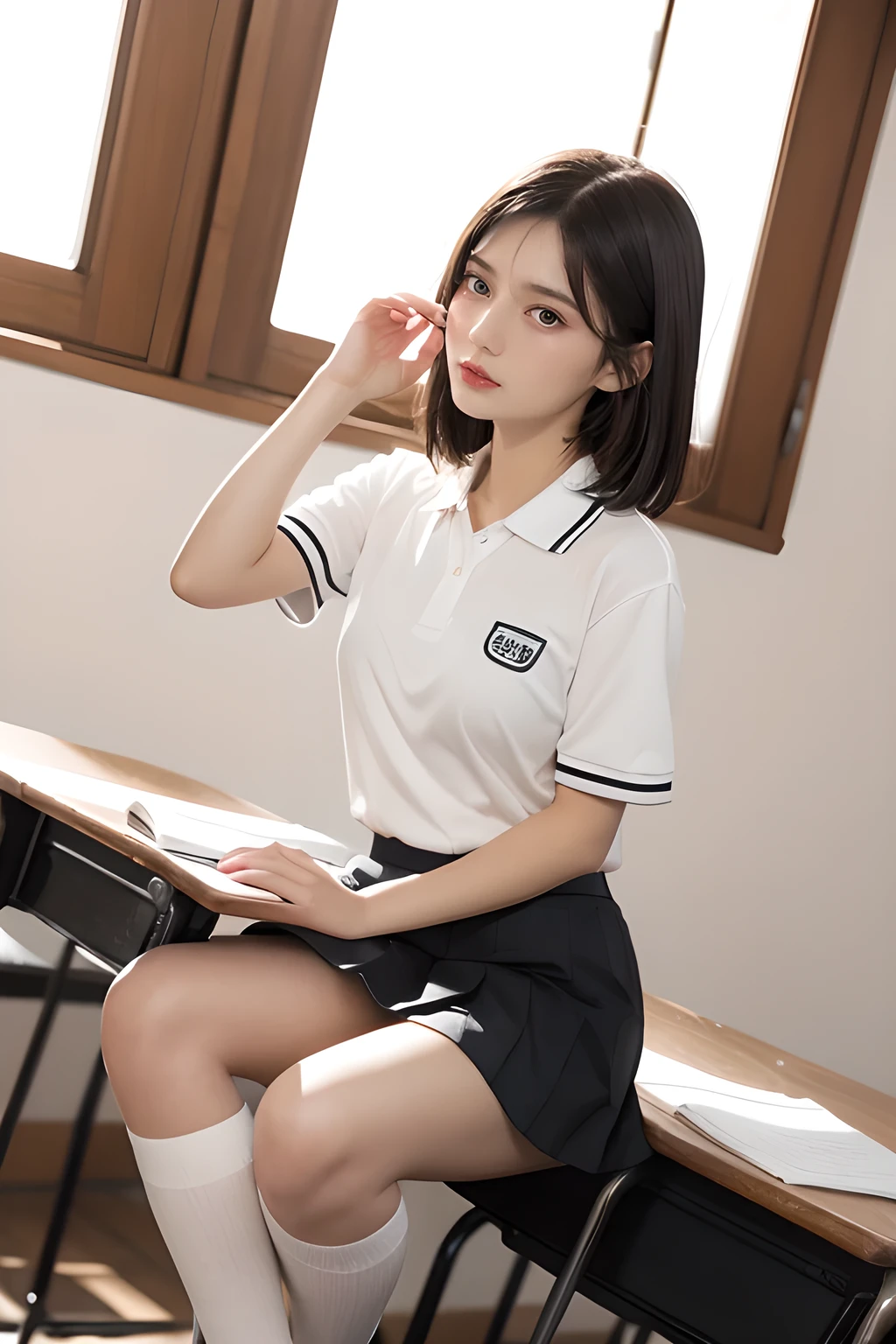 heavy rain, soaked, long hair, looking at viewer, smile, bangs, (Two girls in:1.2), skirt, brown hair, shirt, black hair, short sleeves, brown eyes,  bob hair, sitting in classroom, white polo shirt, pleated mini skirt, open clothes, shoes, black socks, striped, collared shirt, hand up, bag, kneehighs, brown footwear, loafer, school bag, Wet, Cowboy shot, (From below:1.2), 