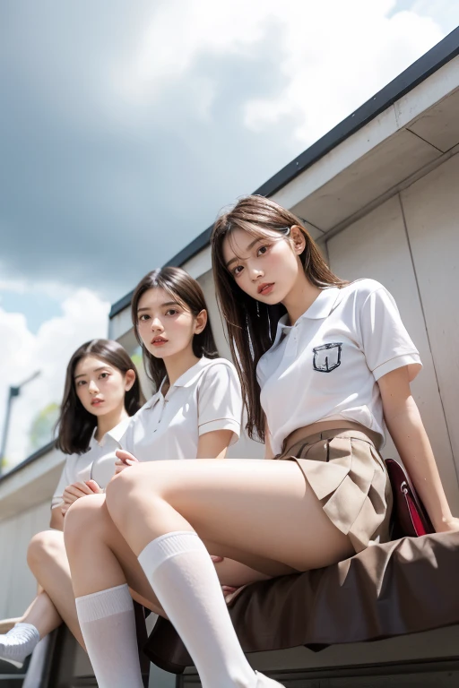 heavy rain, soaked, long hair, looking at viewer, smile, bangs, (Two girls in:1.2), skirt, brown hair, shirt, black hair, short sleeves, brown eyes,  bob hair, sitting in school rooftop, white polo shirt, pleated mini skirt, open clothes, shoes, black socks, striped, collared shirt, hand up, bag, kneehighs, brown footwear, loafer, school bag, Wet, Cowboy shot, (From below:1.2), 