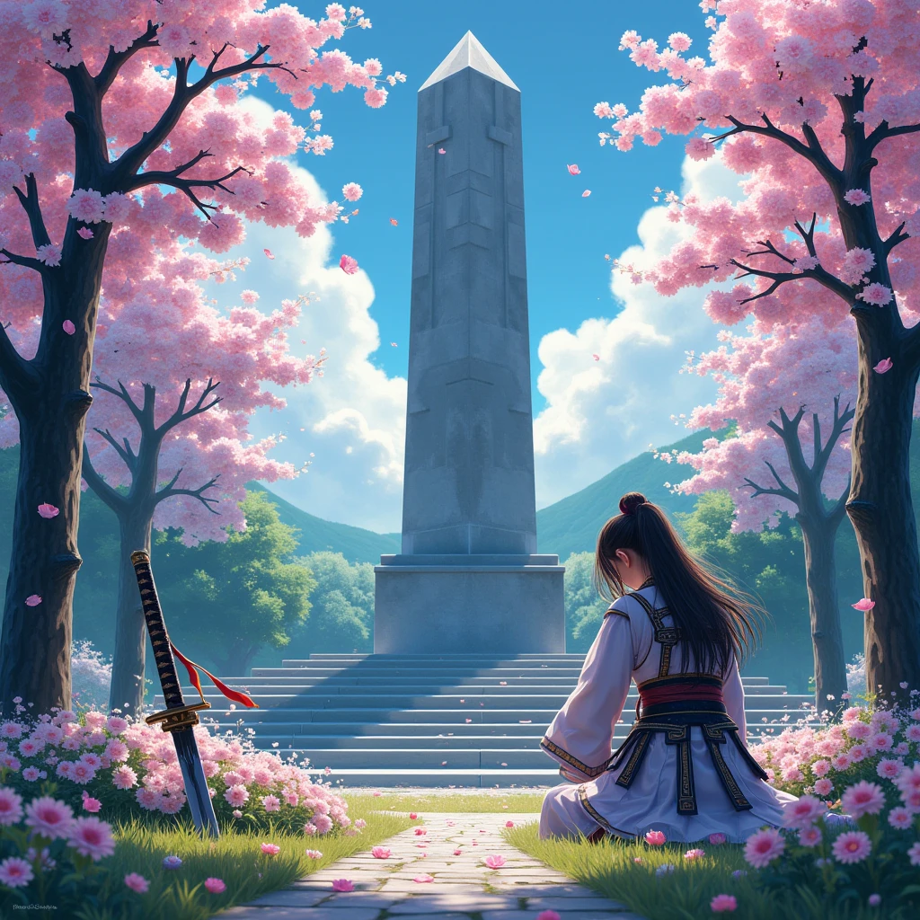 realism, Samurai girl, beautiful long hair, The light armor on it ,  Bows its Head Before the Tomb ,  behind Which the Samurai Monument ,  in Earth Katana is inserted on the Handle The tape that the Wind Develops , trees, sakura, green grass, bright colors, masterpiece, Maximum Quality, 16K, realism, Very Clear Detail , Complex detailing,  Cinematic Style ,