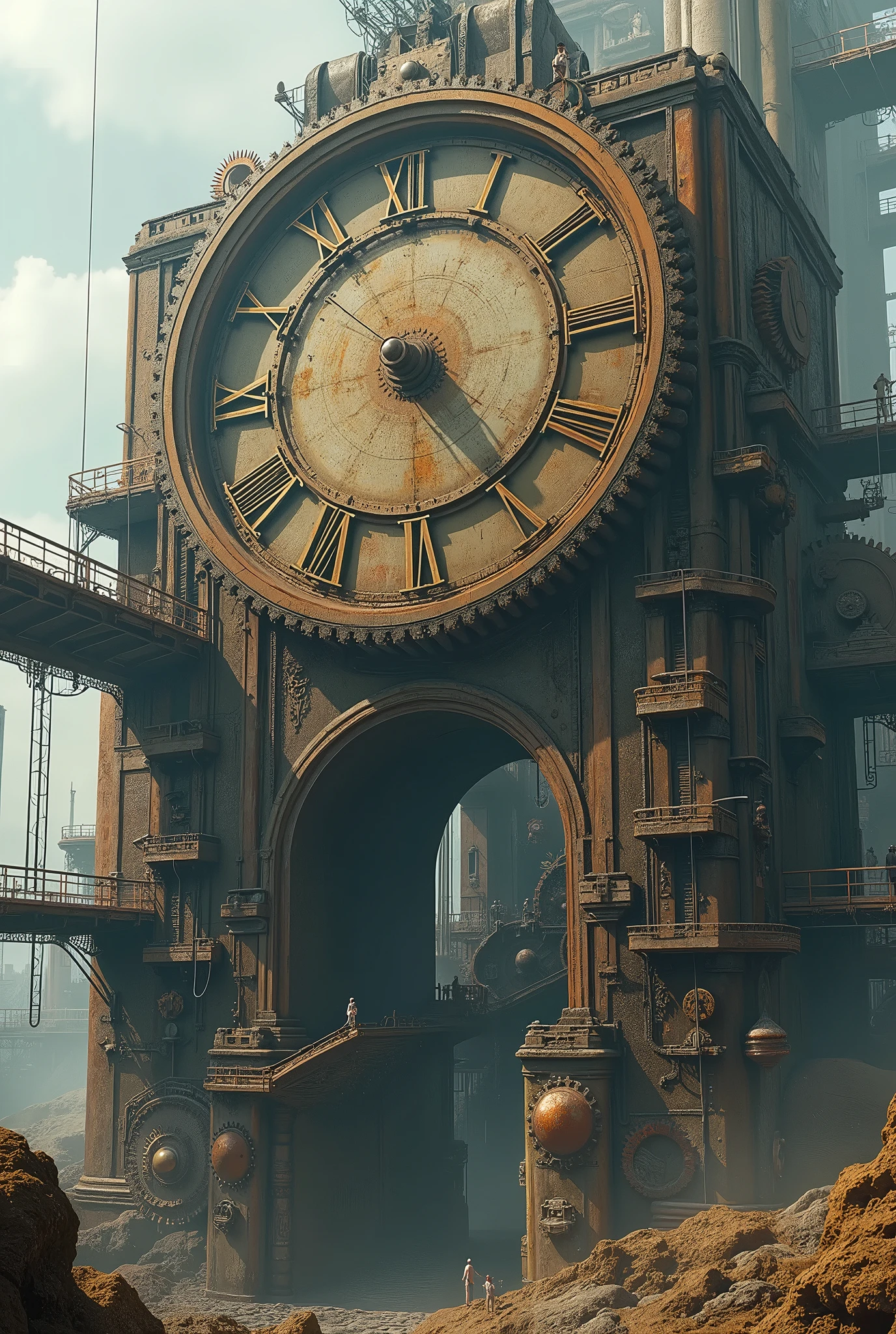 Ultra-realistic、photograph、Fantasy World、((A cog clock that runs on a giant machine))、 gears are exposed、Graphite chimney 、People appear small 、Large machinery