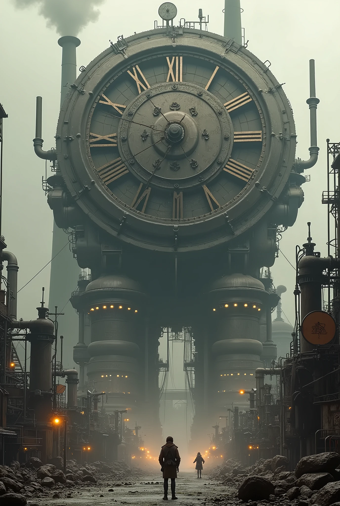 Ultra-realistic、photograph、Fantasy World、((A cog clock that runs on a giant machine))、 gears are exposed、Graphite chimney 、People appear small 、Large machinery