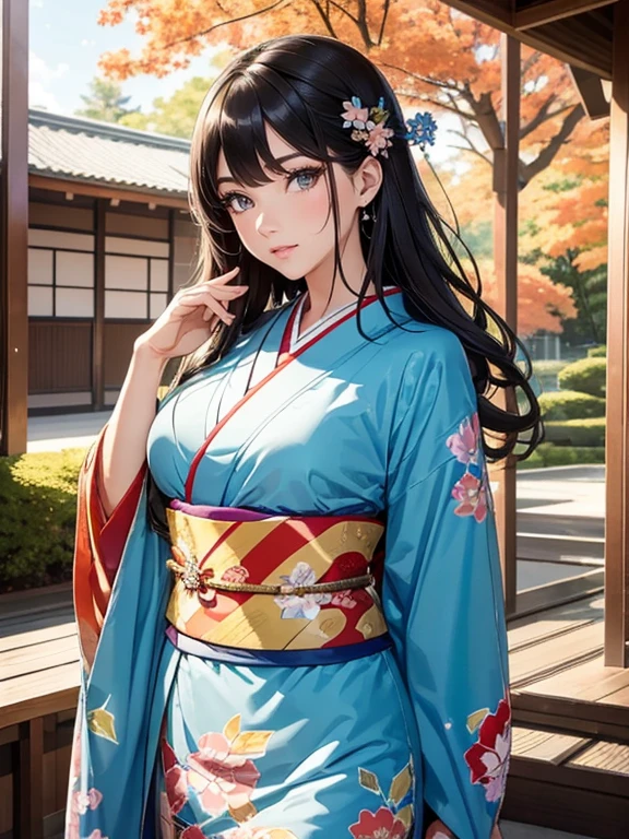 (Best Quality, High resolution, 8k), Japanese painting style, Beautiful Japanese women who look good in kimono,  Japanese clothing with calm colors and patterns, Light brown-black hair, Beautiful eyes, Beautiful lips, A beautiful, well-proportioned face with a monkey-like appearance, Facial detailing, Large Breasts, A biologically healthy body, Detailed and delicate depiction, A flashy and dynamic painting technique, Japanese style garden,  Japanese style hotel, Autumn season, The autumn leaves are beautiful, Autumn flowers are blooming, The silver grass is swaying, Cosmos flowers are blooming, Hair flies up, Vibrant colors, blue sky, White Clouds, Detailed illustration art, Original creation and drawing, 