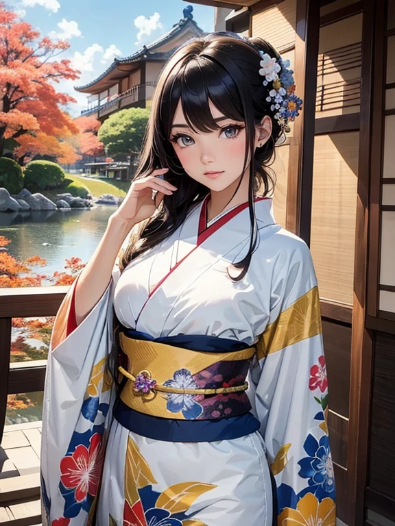 (Best Quality, High resolution, 8k), Japanese painting style, Beautiful Japanese women who look good in kimono,  Japanese clothing with calm colors and patterns, Light brown-black hair, Beautiful eyes, Beautiful lips, A beautiful, well-proportioned face with a monkey-like appearance, Facial detailing, Large Breasts, A biologically healthy body, Detailed and delicate depiction, A flashy and dynamic painting technique, Japanese style garden,  Japanese style hotel, Autumn season, The autumn leaves are beautiful, Autumn flowers are blooming, The silver grass is swaying, Cosmos flowers are blooming, Hair flies up, Vibrant colors, blue sky, White Clouds, Detailed illustration art, Original creation and drawing, 