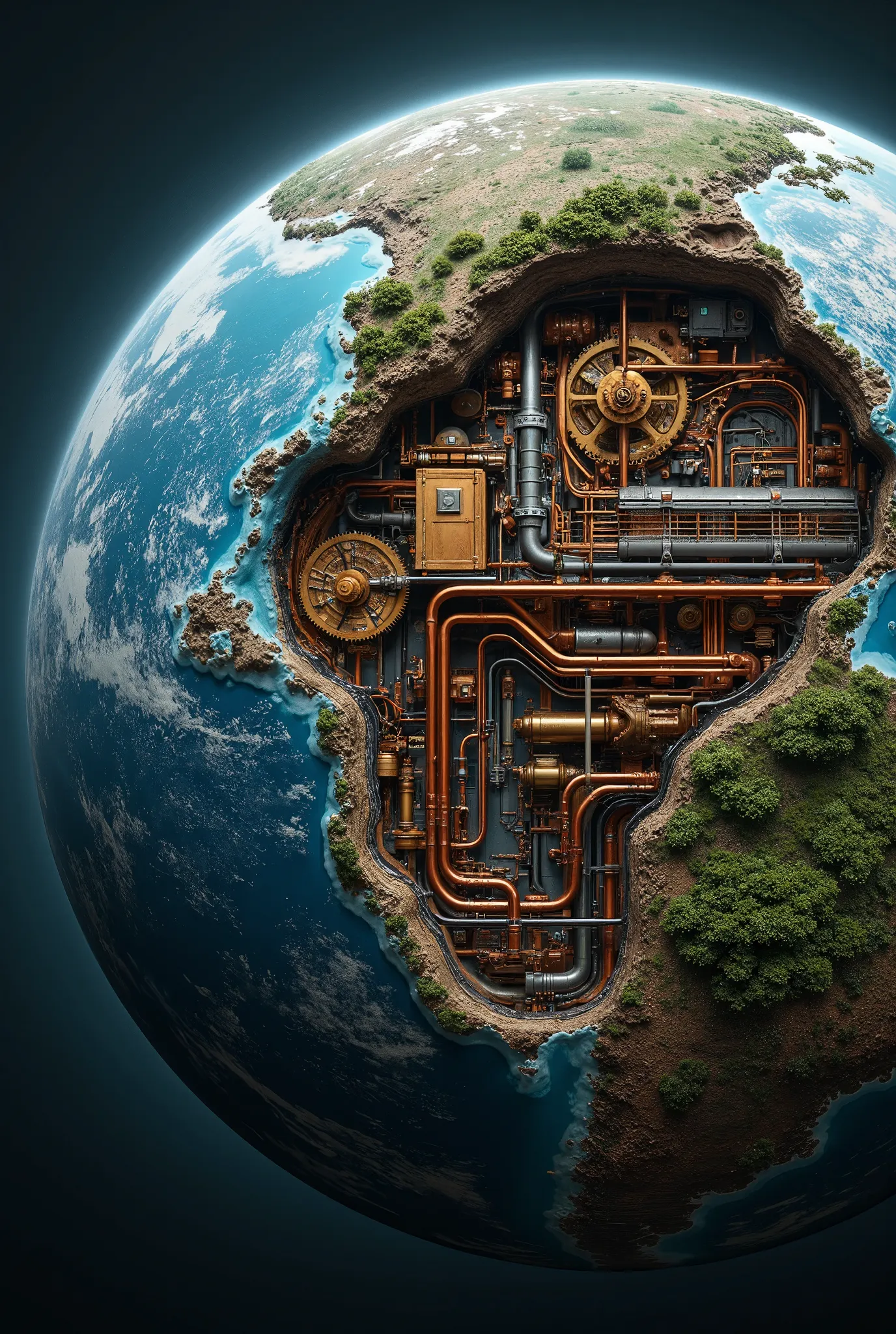 A detailed cross-section of the mechanical planet Earth. All mechanical parts, water, temperature, and seasons are all managed by AI.