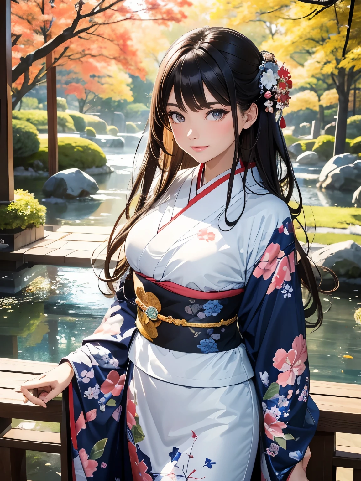 (Best Quality, High resolution, 8k), Japanese painting style, Beautiful Japanese women who look good in kimono,  Japanese clothing with calm colors and patterns, Light brown-black hair, Beautiful eyes, Beautiful lips,  beautiful face with a well-groomed face, Facial detailing, Large Breasts, A biologically healthy body, Detailed and delicate depiction, A flashy and dynamic painting technique, Japanese style garden,  Japanese style hotel, Autumn season, The autumn leaves are beautiful, Autumn flowers are blooming, The silver grass is swaying, Cosmos flowers are blooming, Wind blows hair up , Vibrant colors, Look at me and smile, blue sky, White Clouds, Detailed illustration art, Original creation and drawing, 