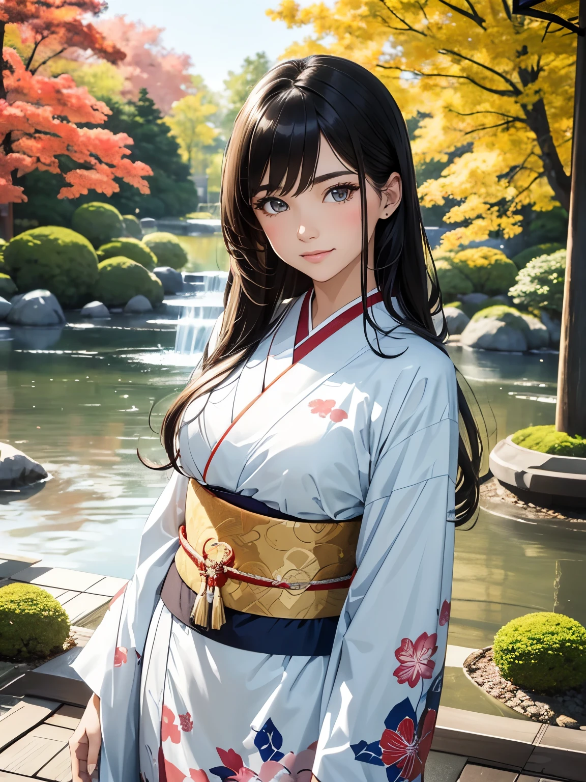 (Best Quality, High resolution, 8k), Japanese painting style, Beautiful Japanese women who look good in kimono,  Japanese clothing with calm colors and patterns, Light brown-black hair, Beautiful eyes, Beautiful lips,  beautiful face with a well-groomed face, Facial detailing, Large Breasts, A biologically healthy body, Detailed and delicate depiction, A flashy and dynamic painting technique, Japanese style garden,  Japanese style hotel, Autumn season, The autumn leaves are beautiful, Autumn flowers are blooming, The silver grass is swaying, Cosmos flowers are blooming, Wind blows hair up , Vibrant colors, Look at me and smile, blue sky, White Clouds, Detailed illustration art, Unique creation and drawing, 