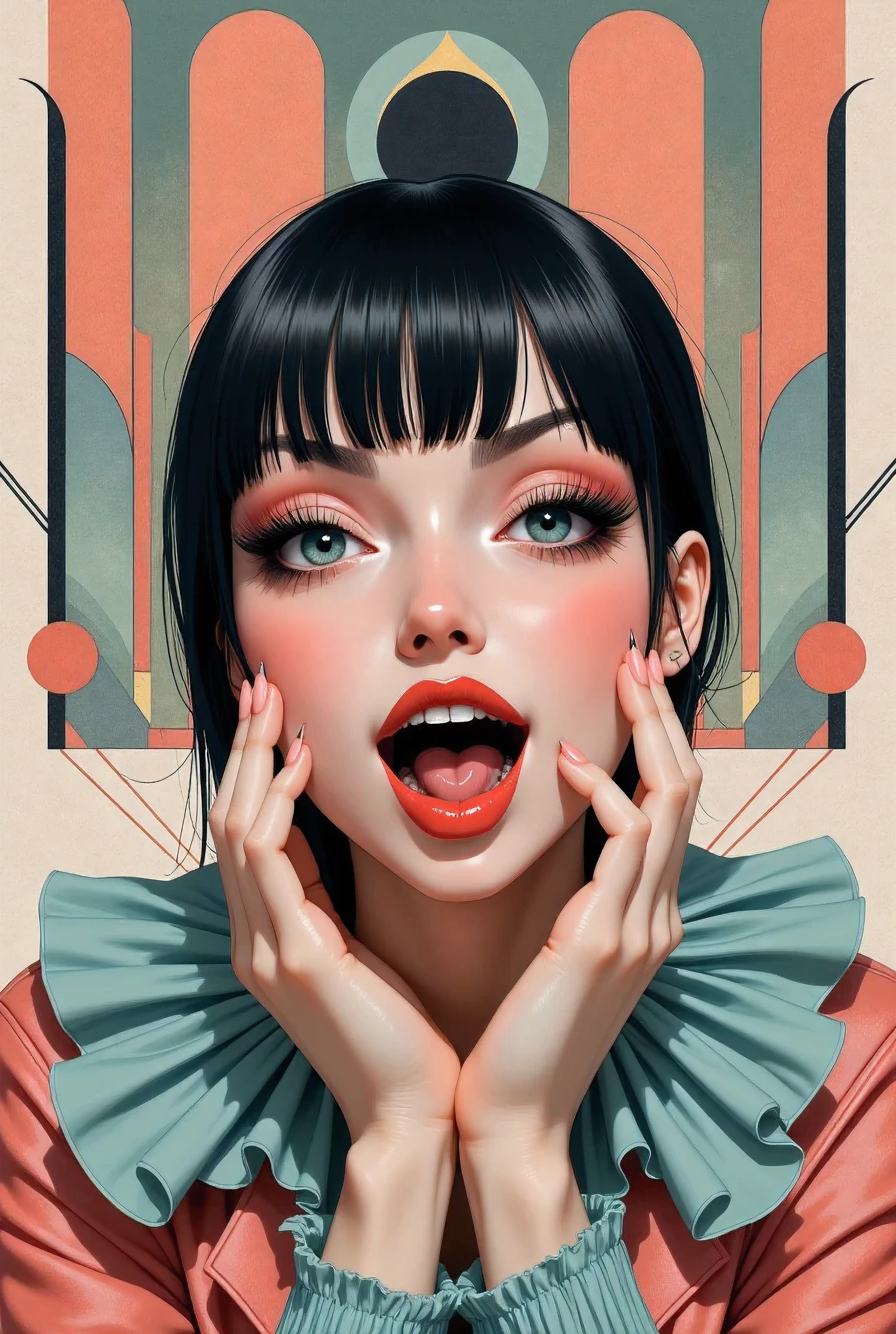 Art Deco, Abstract, Best Quality, Super Detailed, Quality, High Resolution, Smile, Open Mouth, Makeup, Realism, Soft Colors, Surrealism, Punk Woman, 