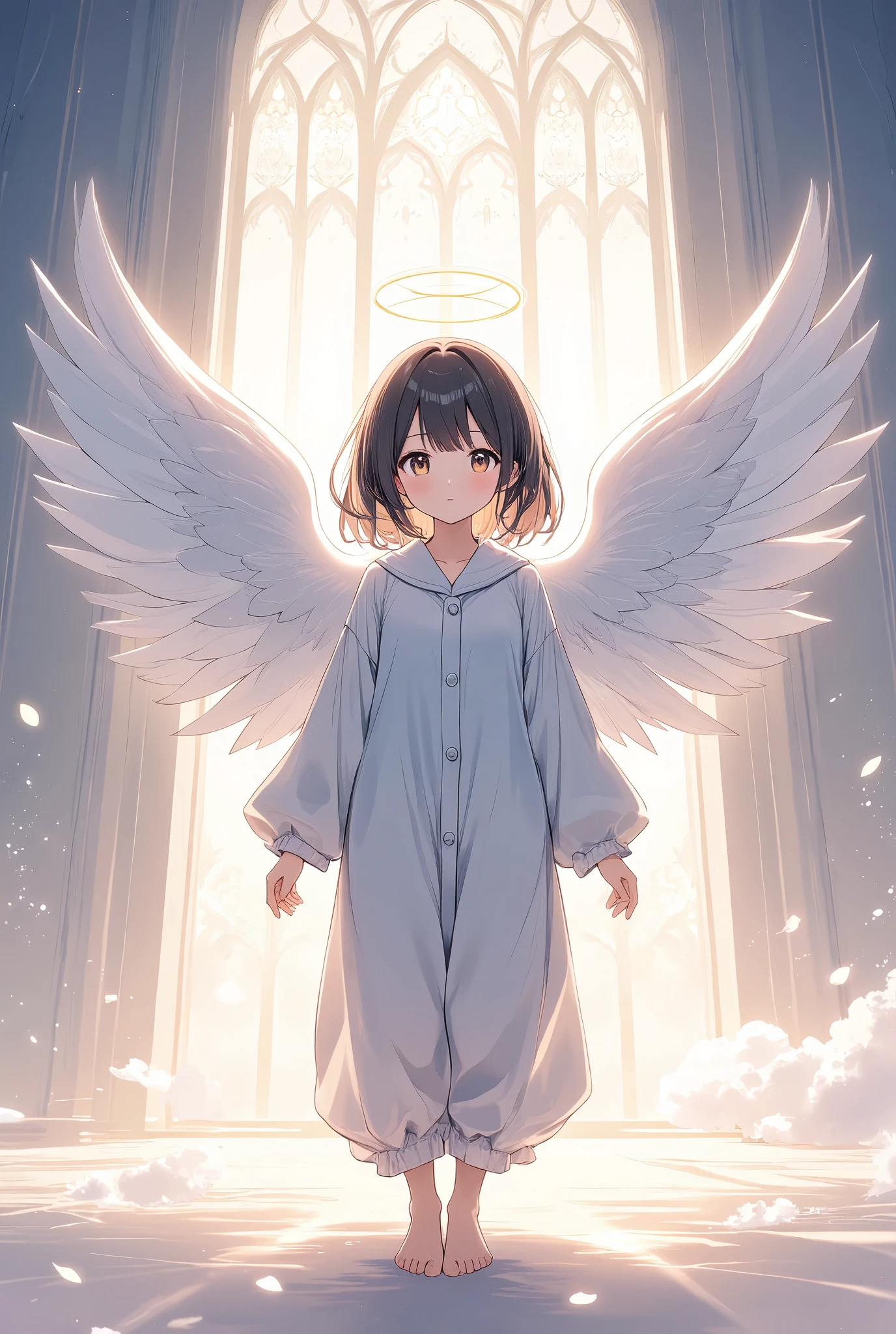  The pale lines and soft colors are like dreams, Fleeting Impressions..,((Kigurumi pajamas))、Halo、Angel、Black Hair、Shortcuts、 boyish、白いAngelの羽根