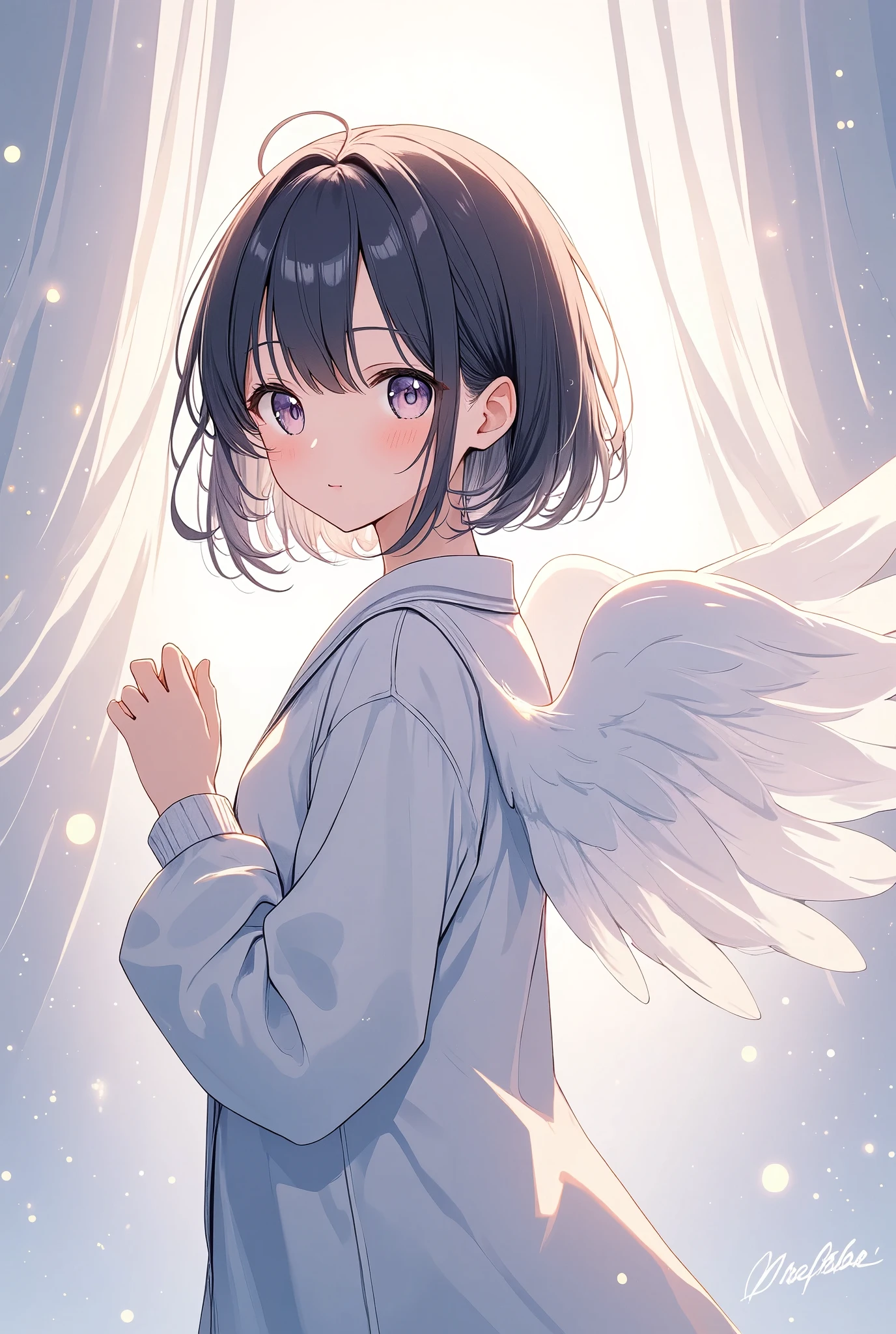  The pale lines and soft colors are like dreams, Fleeting Impressions.., Angel Wearing Kigurumi Pajamas 、Black Hair、Shortcuts、 boyish、White Angel Wings 