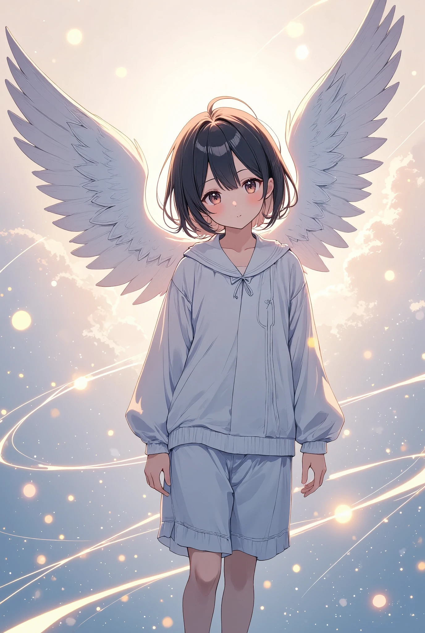  The pale lines and soft colors are like dreams, Fleeting Impressions.., Angel Wearing Kigurumi Pajamas 、Black Hair、Shortcuts、 boyish、White Angel Wings 