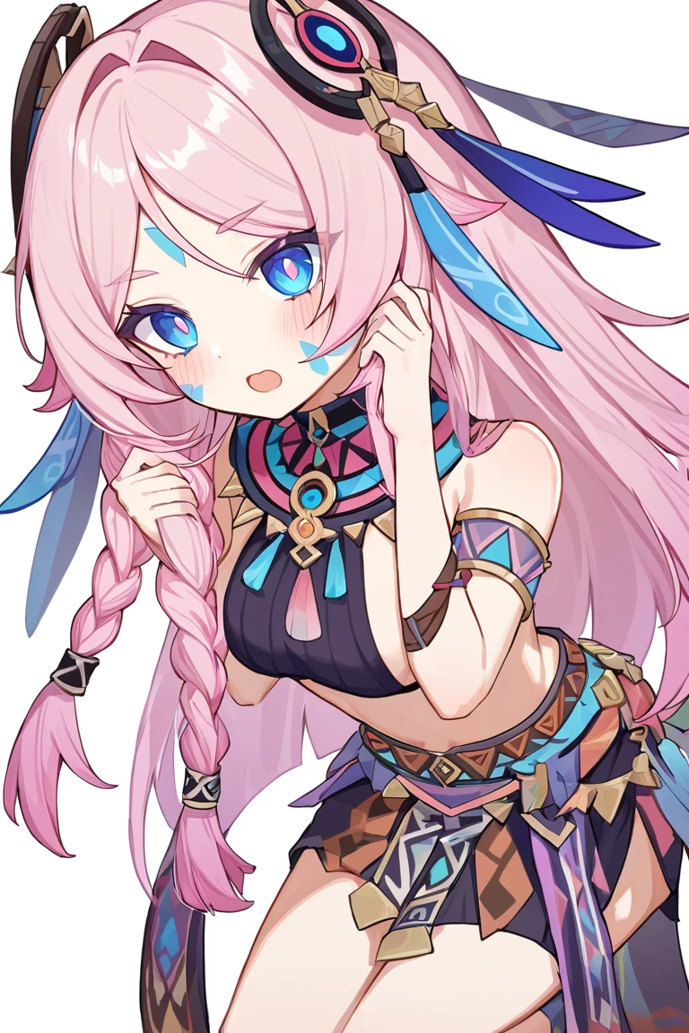 citlali ,シトラリ(genshin impact), 1girl,(full body),(from side)pink hair, parted bangs, very long hair, hair down, braids, hair ornament, facial Mark, blue eyes, pink pupils, tribal clothes,Genshin Impact Style, AddXL, touches hair, glowing eyes, open mouth, blush, beautiful detailed, hyper detail, masterpiece, best quality, bright,white background,1girl, pink hair, parted bangs, very long hair, hair down, braids, hair ornament, facial Mark, blue eyes, pink pupils, tribal clothes,1girl, citlali, pink hair, parted bangs, very long hair, hair down, braids, hair ornament, facial Mark, blue eyes, pink pupils, tribal clothes