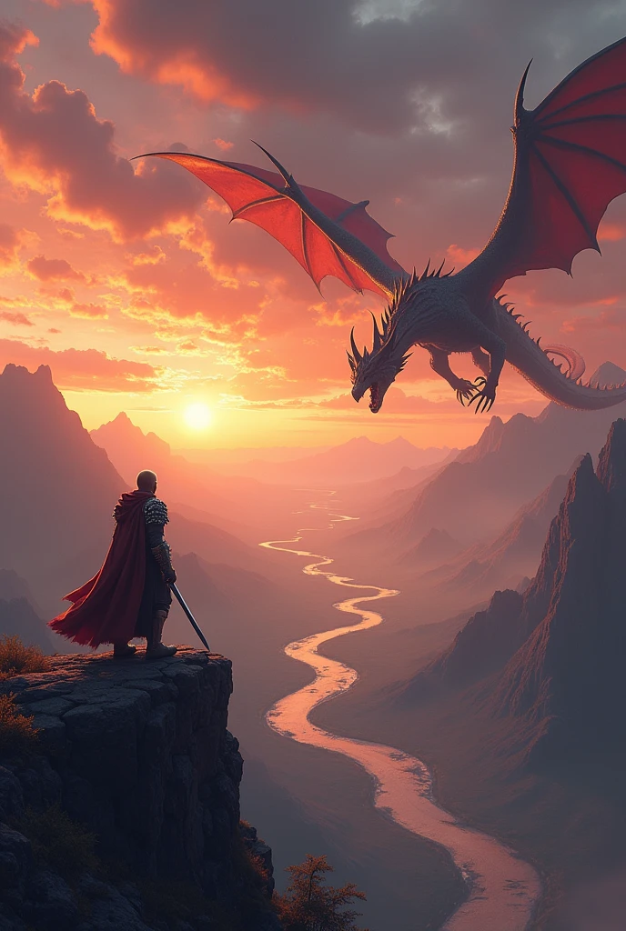 A brave warrior in gleaming armor, standing on a cliff with a sword raised high, facing a majestic dragon flying through the sky. The backdrop is an epic fantasy landscape with mountains, rivers, and a dramatic, fiery sunset.
