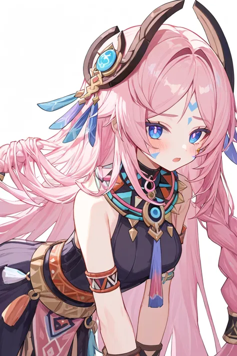 citlali ,シトラリ(genshin impact), 1girl,(full body),(from side)pink hair, parted bangs, very long hair, hair down, braids, hair ornament, facial Mark, blue eyes, pink pupils, tribal clothes,Genshin Impact Style, AddXL, touches hair, glowing eyes, open mouth, blush, beautiful detailed, hyper detail, masterpiece, best quality, bright,white background,1girl, pink hair, parted bangs, very long hair, hair down, braids, hair ornament, facial Mark, blue eyes, pink pupils, tribal clothes,1girl, citlali, pink hair, parted bangs, very long hair, hair down, braids, hair ornament, facial Mark, blue eyes, pink pupils, tribal clothes