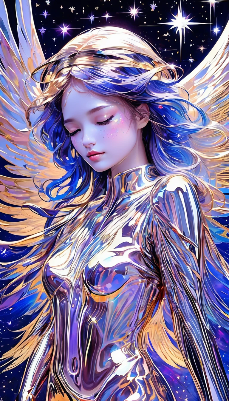 Paint peel style, a cosmic angel reflecting the stars in her skin