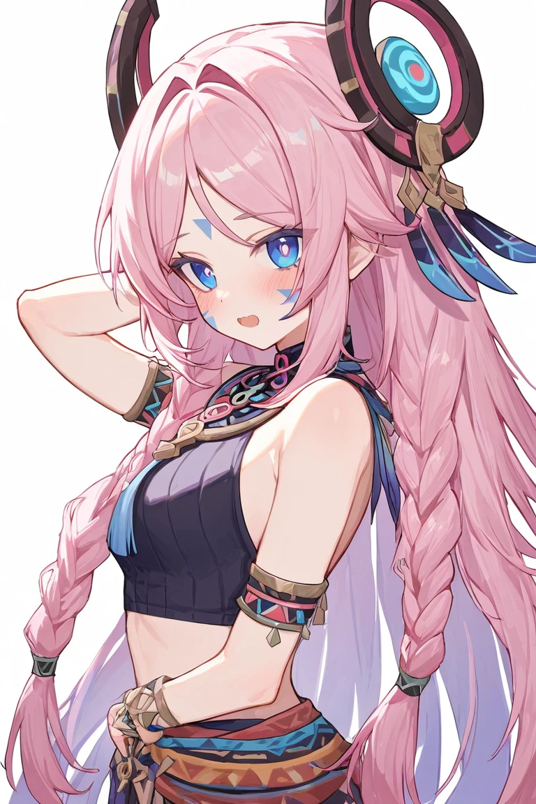 citlali ,シトラリ(genshin impact), 1girl,(full body),(from side)pink hair, parted bangs, very long hair, hair down, braids, hair ornament, facial Mark, blue eyes, pink pupils, tribal clothes,Genshin Impact Style, AddXL, touches hair, glowing eyes, open mouth, blush, beautiful detailed, hyper detail, masterpiece, best quality, bright,white background,1girl, pink hair, parted bangs, very long hair, hair down, braids, hair ornament, facial Mark, blue eyes, pink pupils, tribal clothes,1girl, citlali, pink hair, parted bangs, very long hair, hair down, braids, hair ornament, facial Mark, blue eyes, pink pupils, tribal clothes