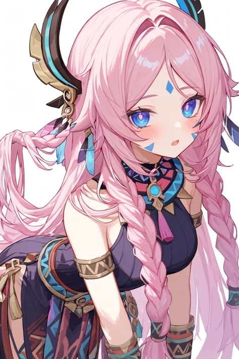 citlali ,シトラリ(genshin impact), 1girl,(full body),(from side)pink hair, parted bangs, very long hair, hair down, braids, hair ornament, facial Mark, blue eyes, pink pupils, tribal clothes,Genshin Impact Style, AddXL, touches hair, glowing eyes, open mouth, blush, beautiful detailed, hyper detail, masterpiece, best quality, bright,white background,1girl, pink hair, parted bangs, very long hair, hair down, braids, hair ornament, facial Mark, blue eyes, pink pupils, tribal clothes,1girl, citlali, pink hair, parted bangs, very long hair, hair down, braids, hair ornament, facial Mark, blue eyes, pink pupils, tribal clothes