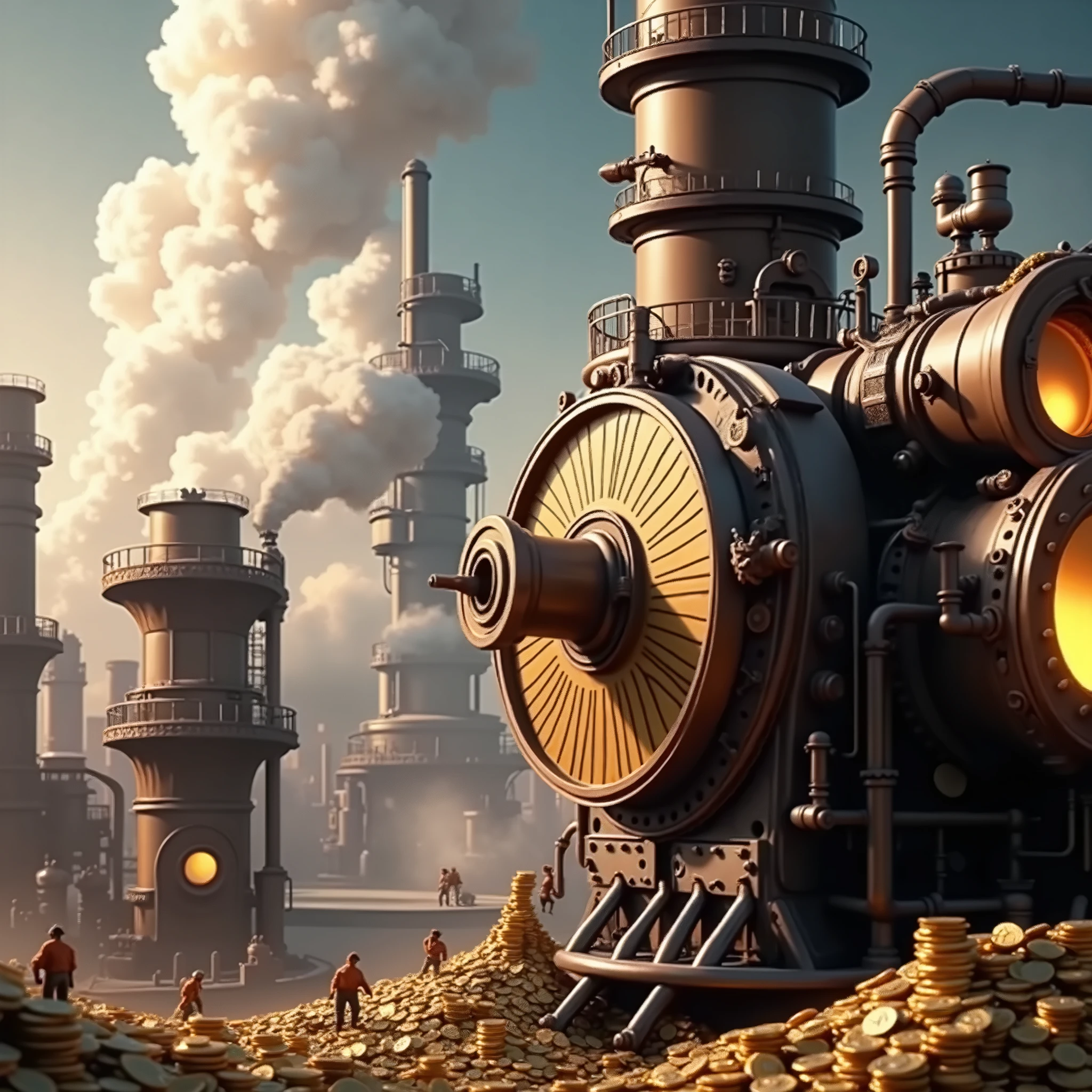 (photo, photorealism)), a steam engine sitting on top of a pile of coins, a detailed matte painting, polycount contest winner, fantasy art, industrial revolution, concept art illustration, stylized painting, masterpiece. rendered in blender, biomechanical railroad, alexey egorov, detailed 4k oil painting, tiny workers are working around the machine,