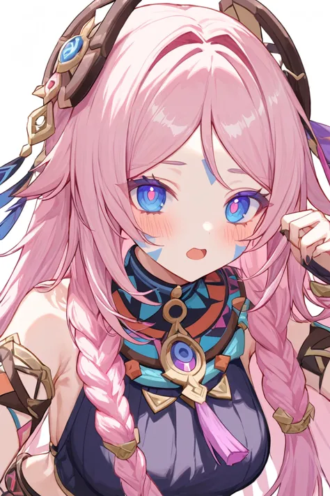 citlali ,シトラリ(genshin impact), 1girl,pink hair, parted bangs, very long hair, hair down, braids, hair ornament, facial Mark, blue eyes, pink pupils, tribal clothes,Genshin Impact Style, AddXL, touches hair, glowing eyes, open mouth, blush, beautiful detailed, hyper detail, masterpiece, best quality, bright,white background,1girl, pink hair, parted bangs, very long hair, hair down, braids, hair ornament, facial Mark, blue eyes, pink pupils, tribal clothes,1girl, citlali, pink hair, parted bangs, very long hair, hair down, braids, hair ornament, facial Mark, blue eyes, pink pupils, tribal clothes