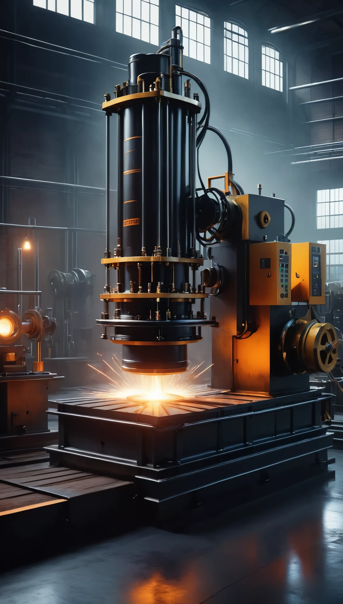 a detailed industrial factory production line, hydraulic press, factory machinery, industrial equipment, gears, conveyor belt, cogs, pistons, steam pipes, metal textures, grunge, rust, weathered, dramatic lighting, cinematic, moody, realistic, 8k, high quality, photorealistic