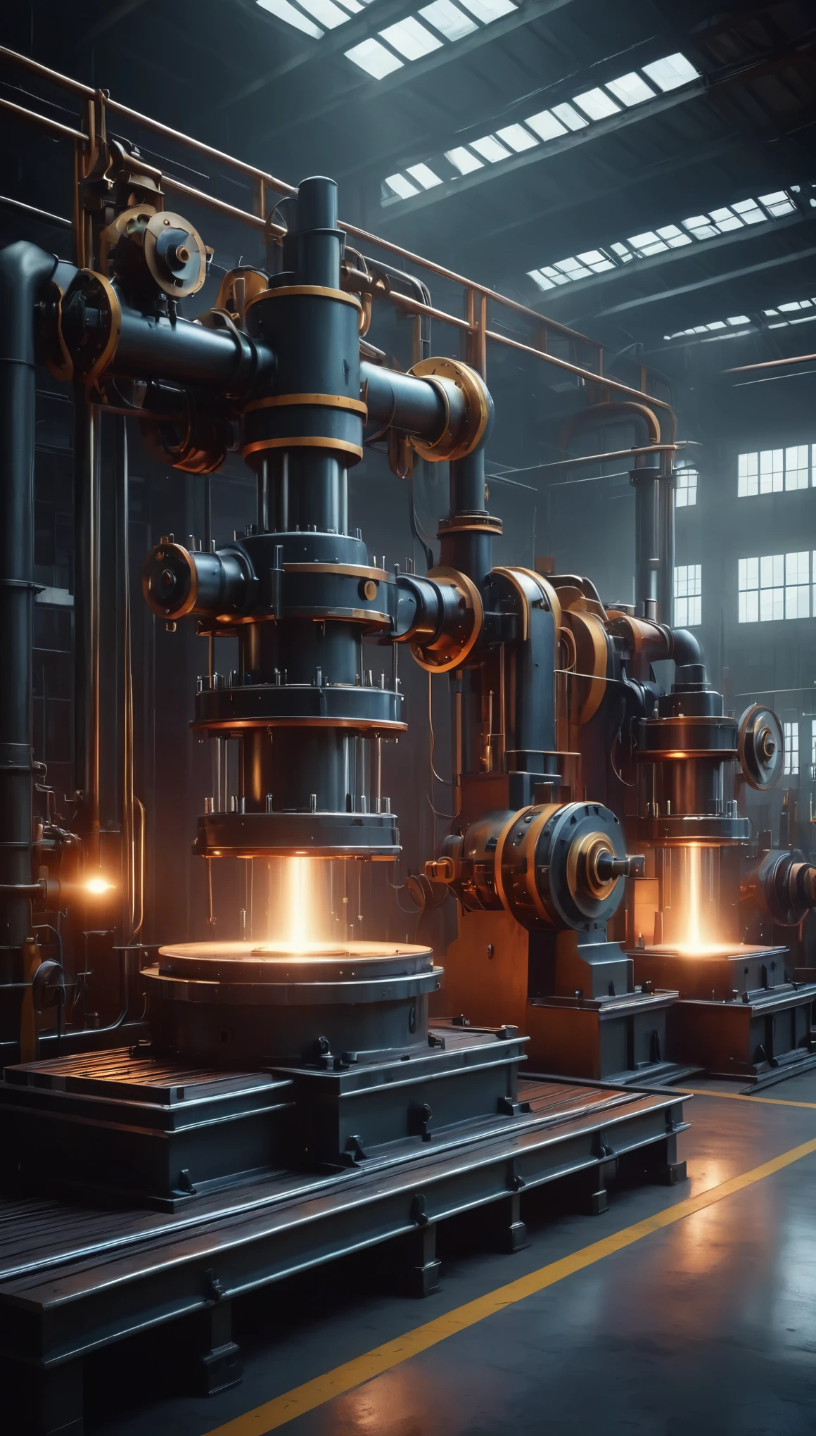 a detailed industrial factory production line, hydraulic press, factory machinery, industrial equipment, gears, conveyor belt, cogs, pistons, steam pipes, metal textures, grunge, rust, weathered, dramatic lighting, cinematic, moody, realistic, 8k, high quality, photorealistic