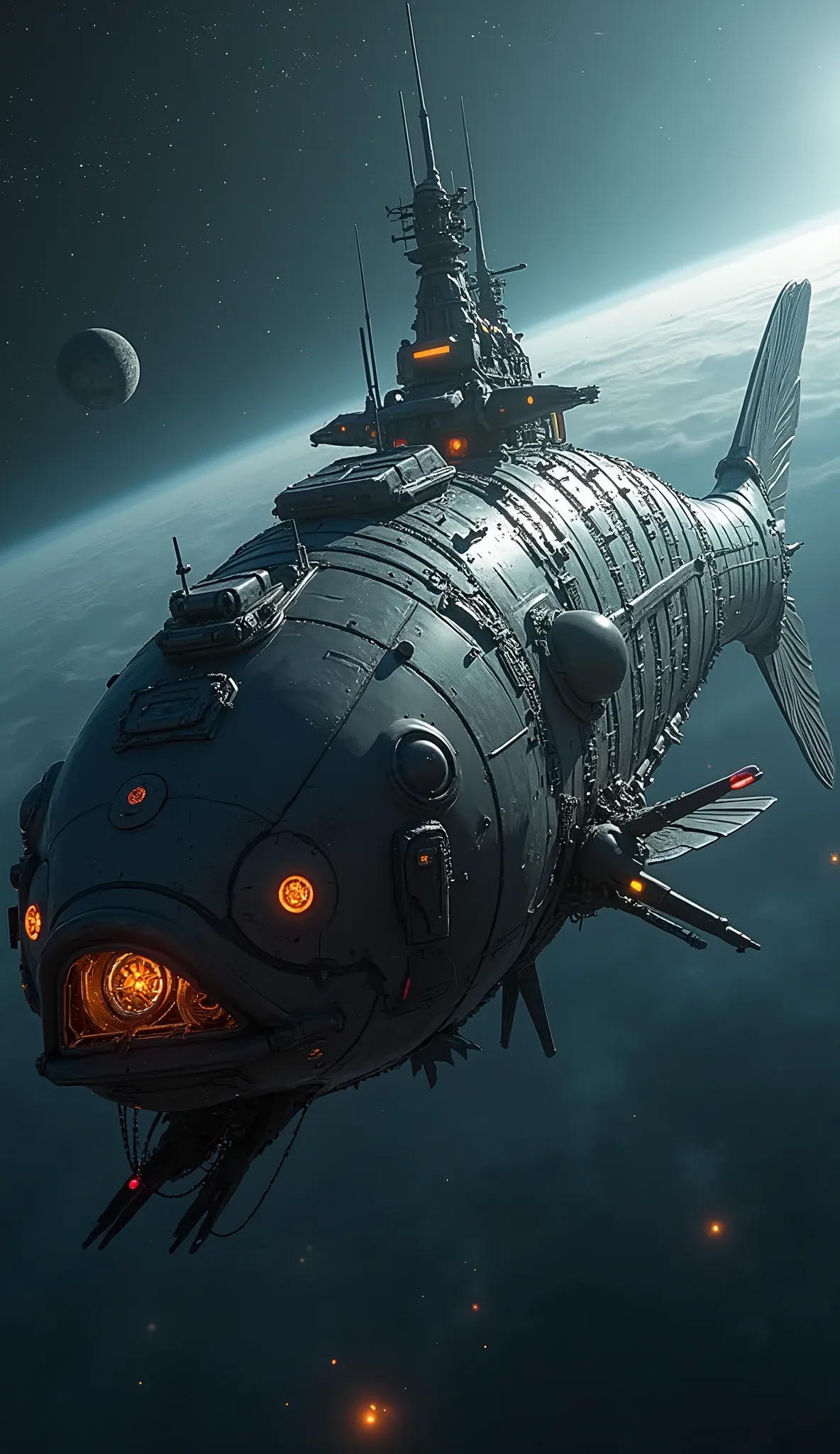 a massive spaceship traveling through the cosmos, a gigantic fish-shaped battleship, concept art for the video game "Darius",(best quality,4k,8k,highres,masterpiece:1.2),ultra-detailed,(realistic,photorealistic,photo-realistic:1.37),digital art,hyper detailed,highly detailed, space scenery,space battle,futuristic, mechanical, mechanical design, hyper detailed mechanical design, organic mechanical design, intricate machinery, complex machinery, advanced technology, advanced weaponry, dramatic lighting, cinematic lighting, dynamic composition, cinematic composition, vibrant colors, dynamic colors